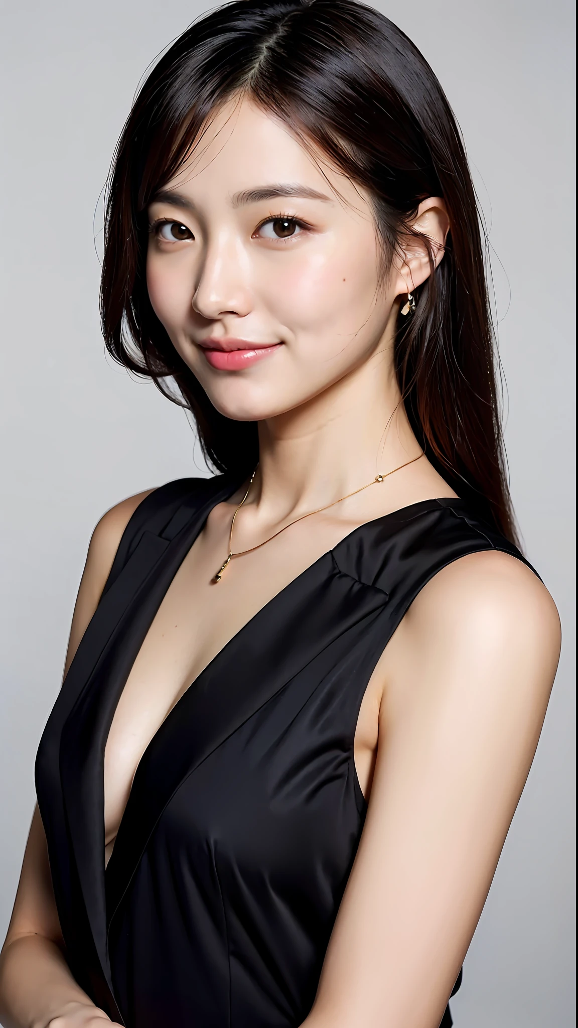 (Best quality, 8k, 32k, Masterpiece, UHD:1.2),Photo of Pretty Japanese woman,(detailed face:1.1), simple black suit, looking at viewer,upper body,necklace,medium breasts,dress shirt,smile
