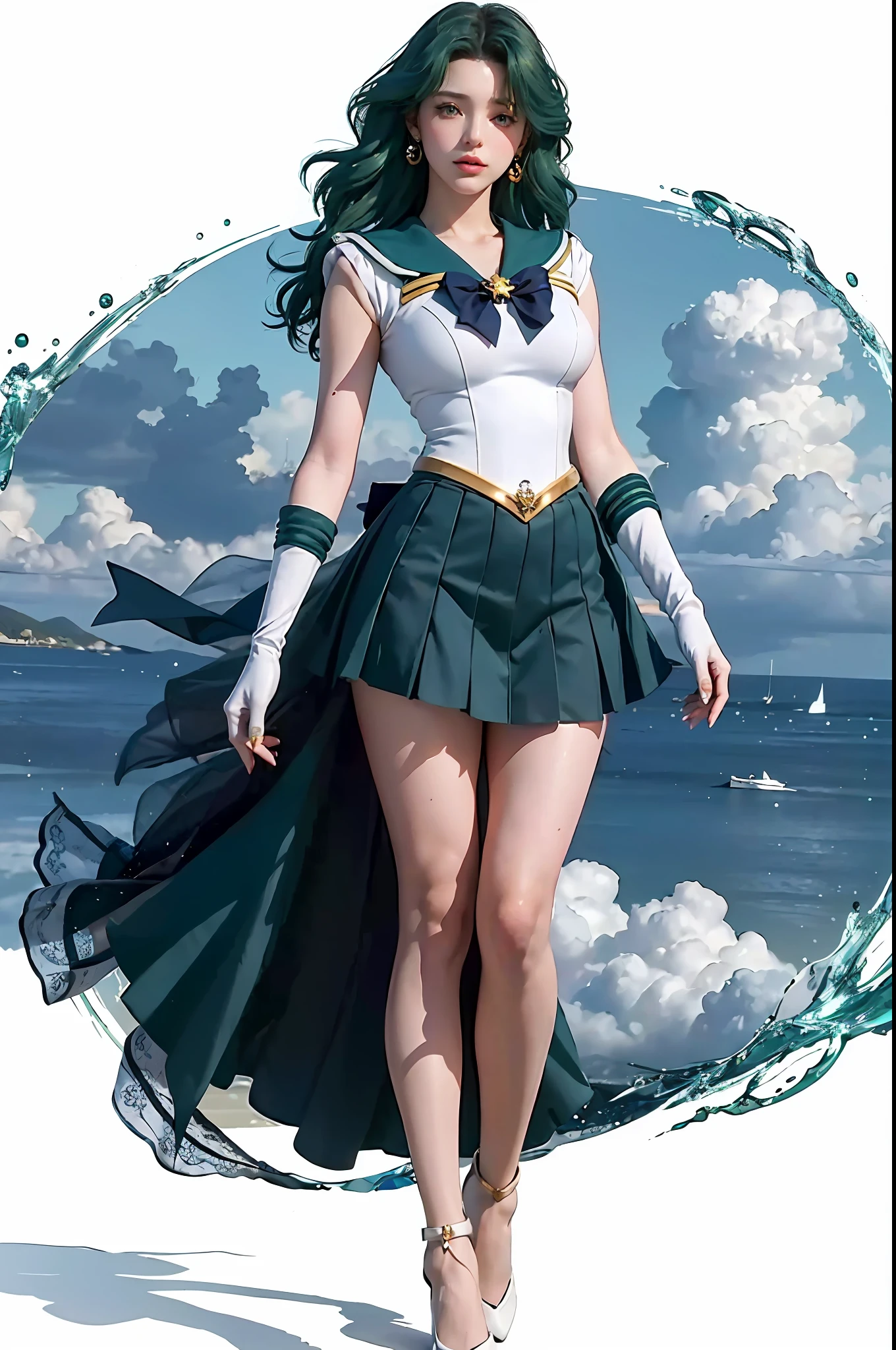 close-up, 1girl, sailor neptune, (sailor senshi uniform:1.2), (aqua eyes:0.9), dark green hair, medium hair, plead skirt, best quality, earrings, masterpiece, high resolution, intricate details, (( realistic )), photographic, (white elbow gloves:1.1), jewelry, Medium breast, full body, Dynamic background, dynamic posture, high heels,