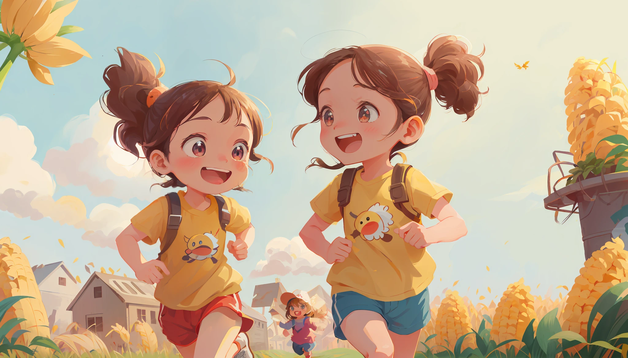 Cartoon illustration of a girl running in a cornfield, children's art in art station, beautiful artwork illustration, children's illustration, cute digital painting, cartoon style illustration, cute detailed digital art, Li Song, cute digital art, 8 k cartoon illustration, Qu Leilei, Zeng Jing, Ati Gailan 8 k, cute art style
