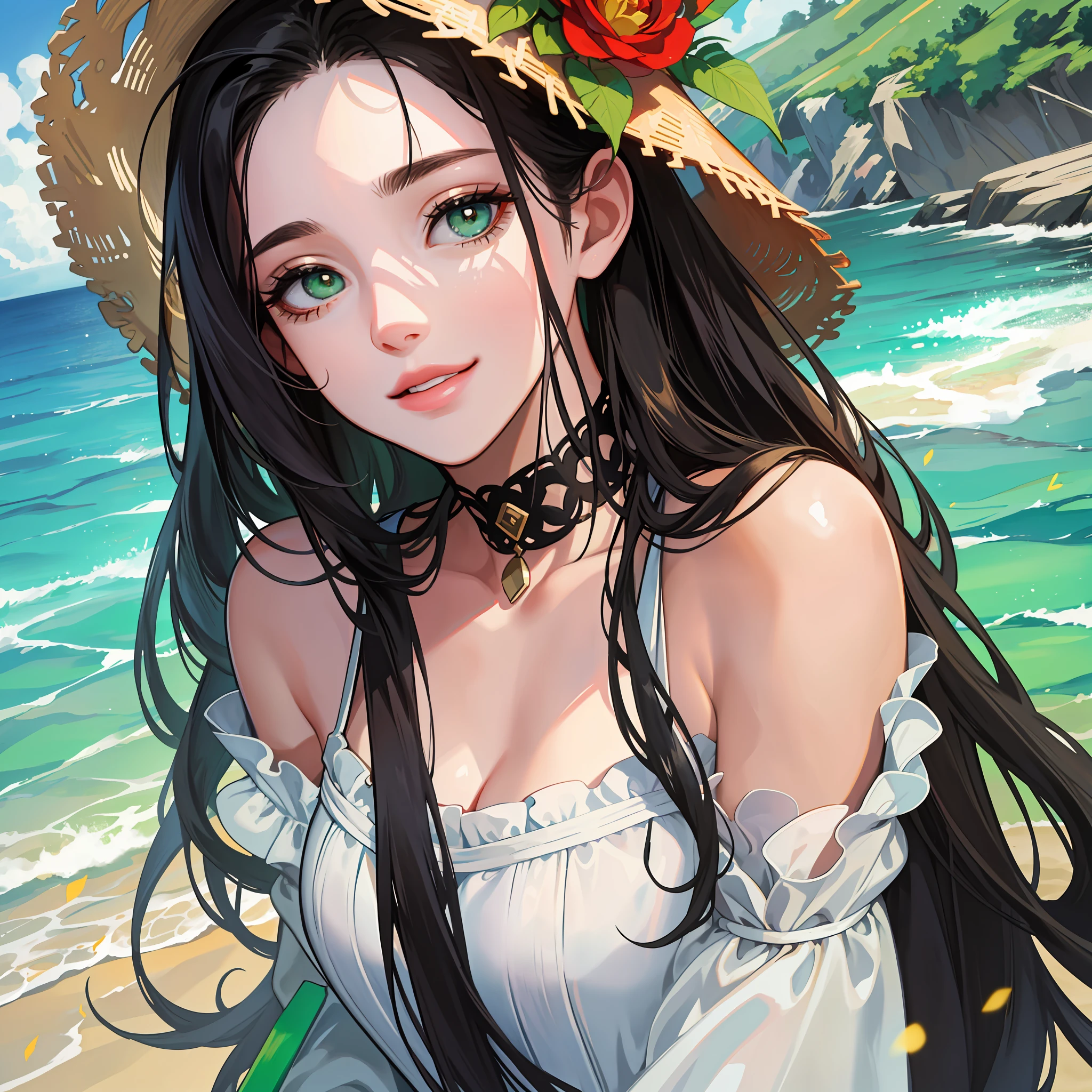 Masterpiece, superlative, girly, young, cute, long black hair, immature, minor, green eyes, at the seaside, fine eye and face portrayal, rosy lips, long eyelashes, portrait, upper body, cute smile, 8k, front light, face glow, face without shadow, greeting light, everyday loose clothes