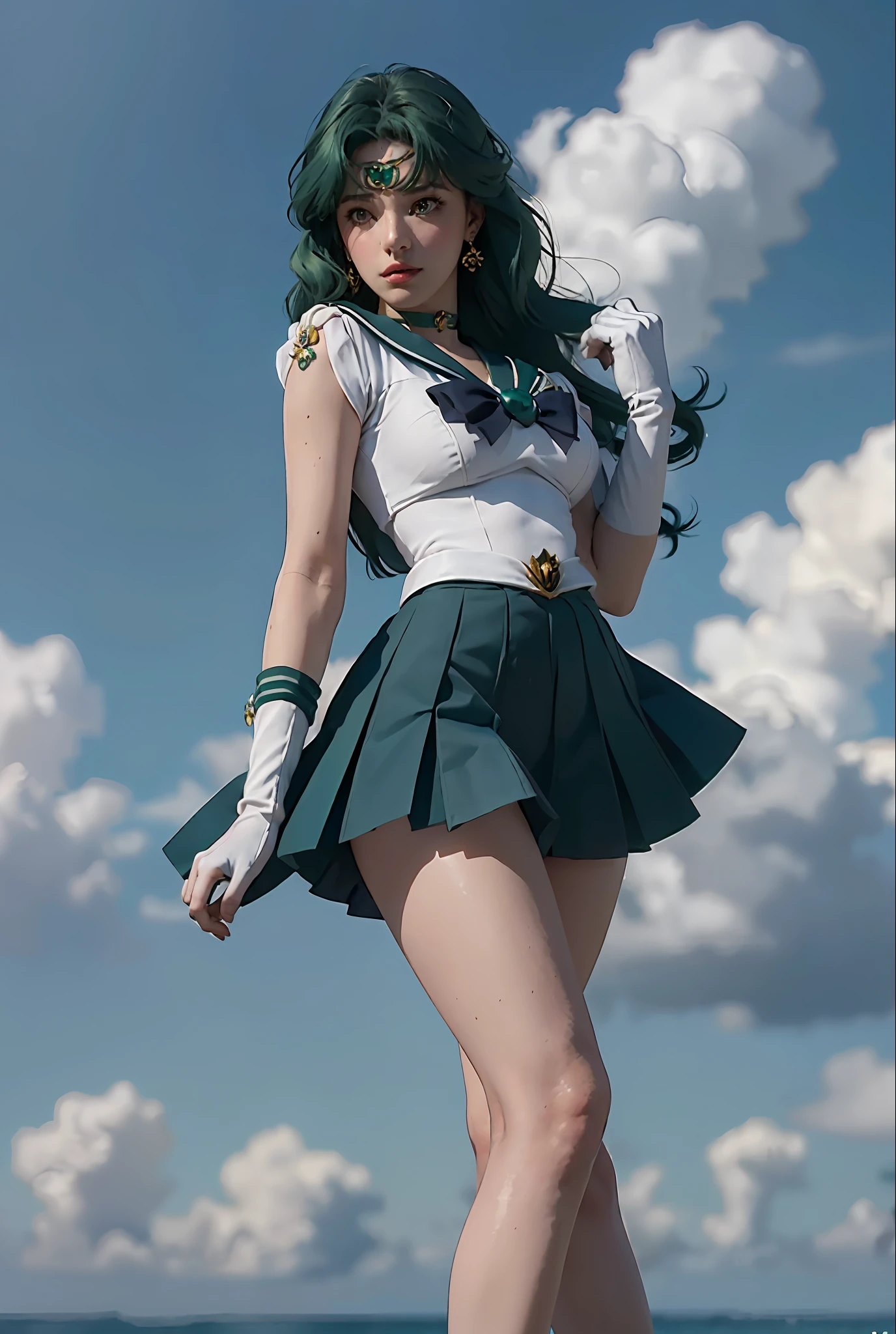 close-up, 1girl, sailor neptune, (sailor senshi uniform:1.2), (aqua eyes:0.9), dark green hair, medium hair, plead skirt, best quality, earrings, masterpiece, high resolution, intricate details, (( realistic )), photographic, (white elbow gloves:1.1), jewelry, Medium breast, full body, Dynamic background, dynamic posture, high heels,