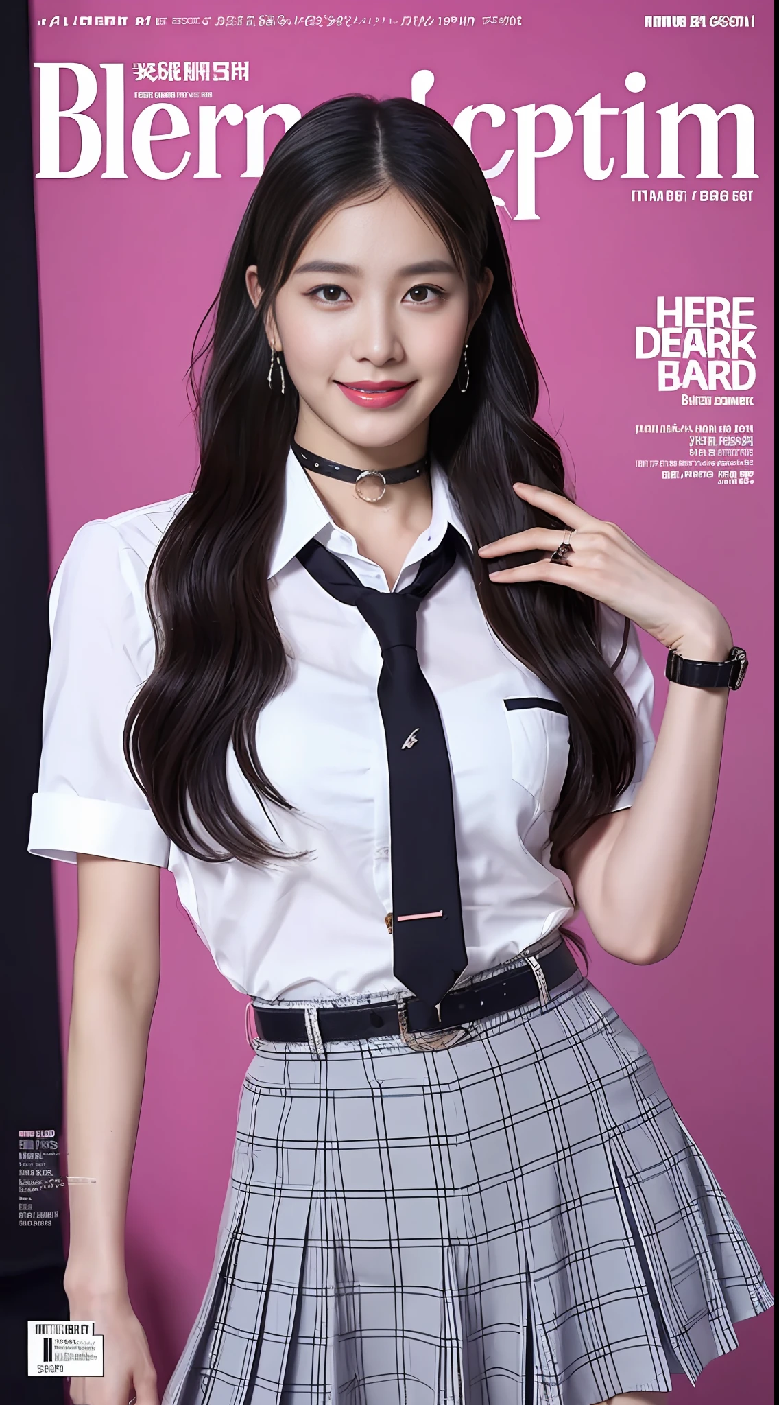 masterpiece, best quality, full body, 1girl, bangs, black choker, black necktie, black hair, blue skirt, blush, bracelet, breasts, choker, clothes around waist, collarbone, collared shirt, cowboy shot, dress shirt, ear piercing, eyebrows visible through hair, gradient hair, grin, gyaru, jewelry, kogal, long hair, looking at viewer, loose necktie, necktie, piercing, plaid, plaid skirt, pleated skirt, red eyes, ring, school uniform, shirt, skirt, smile, solo, white shirt, street, sky, cherry blossoms, petals,illustration, (magazine:1.3), (cover-style:1.3), fashionable, woman, vibrant, outfit, posing, front, colorful, dynamic, background, elements, confident, expression, holding, statement, accessory, majestic, coiled, around, touch, scene, text, cover, bold, attention-grabbing, title, stylish, font, catchy, headline, larger, striking, modern, trendy, focus, fashion,