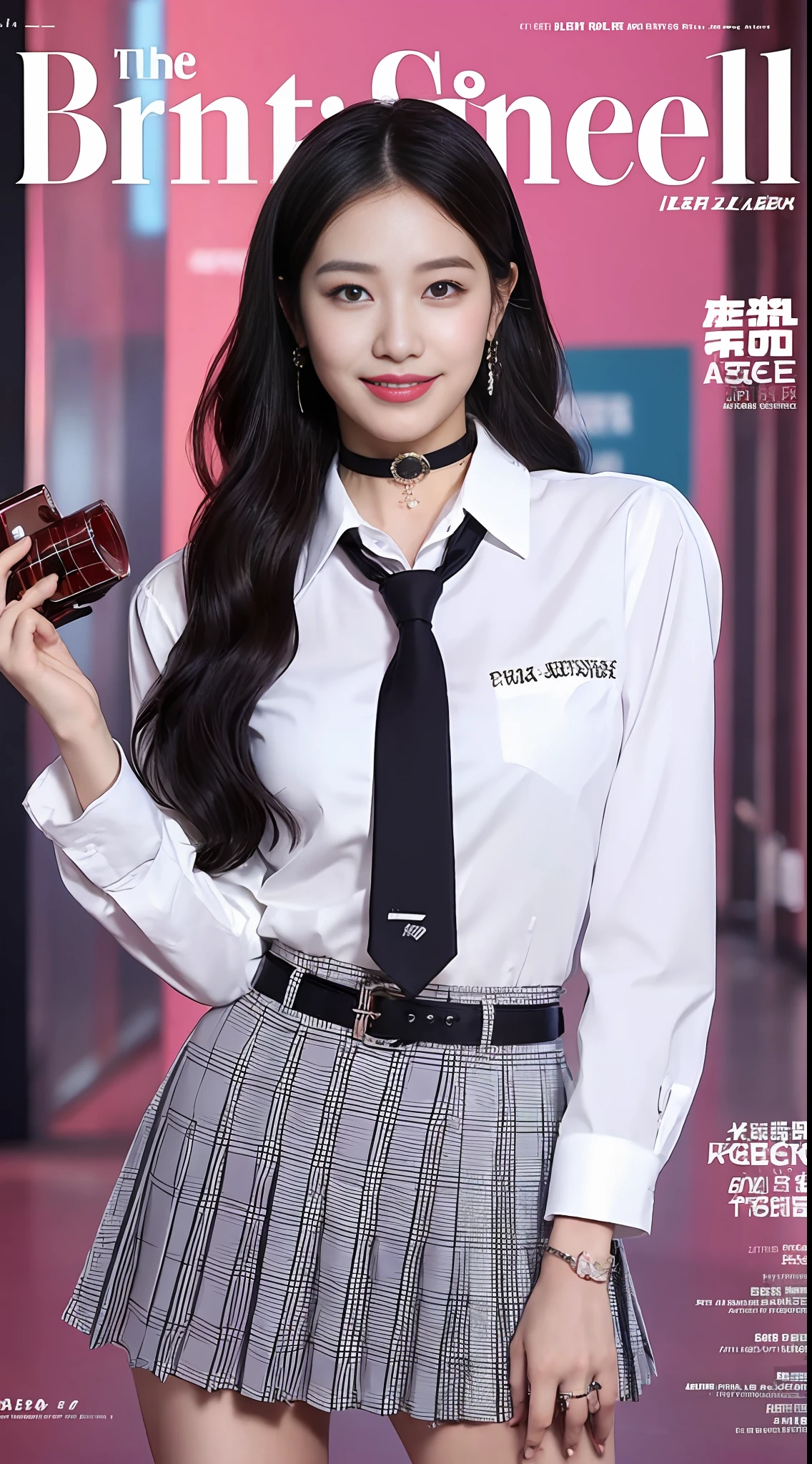 masterpiece, best quality, full body, 1girl, bangs, black choker, black necktie, black hair, blue skirt, blush, bracelet, breasts, choker, clothes around waist, collarbone, collared shirt, cowboy shot, dress shirt, ear piercing, eyebrows visible through hair, gradient hair, grin, gyaru, jewelry, kogal, long hair, looking at viewer, loose necktie, necktie, piercing, plaid, plaid skirt, pleated skirt, red eyes, ring, school uniform, shirt, skirt, smile, solo, white shirt, street, sky, cherry blossoms, petals,illustration, (magazine:1.3), (cover-style:1.3), fashionable, woman, vibrant, outfit, posing, front, colorful, dynamic, background, elements, confident, expression, holding, statement, accessory, majestic, coiled, around, touch, scene, text, cover, bold, attention-grabbing, title, stylish, font, catchy, headline, larger, striking, modern, trendy, focus, fashion,