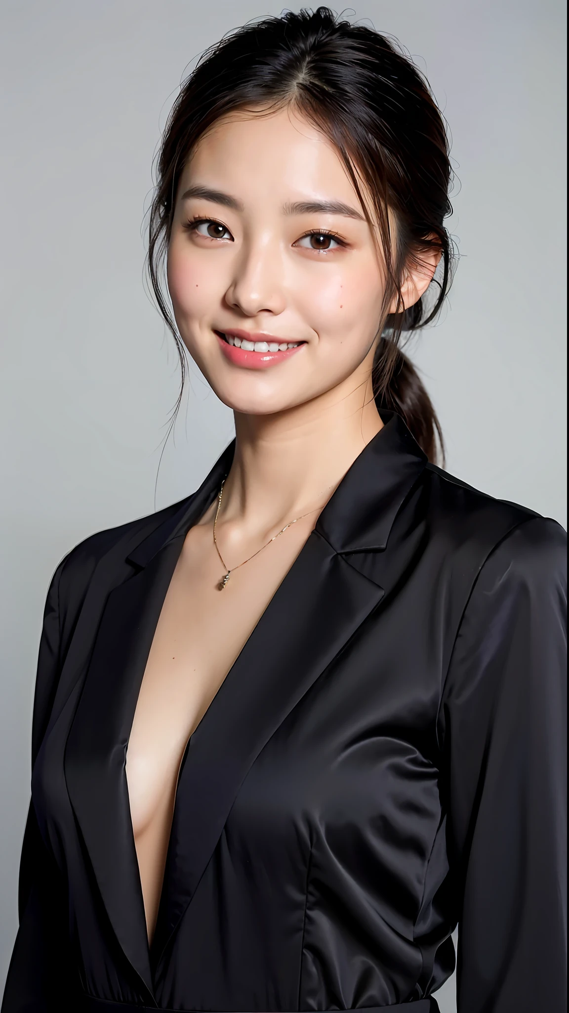 (Best quality, 8k, 32k, Masterpiece, UHD:1.2),Photo of Pretty Japanese woman,(detailed face:1.1), simple black suit, looking at viewer,upper body,necklace,medium breasts,dress shirt,smile