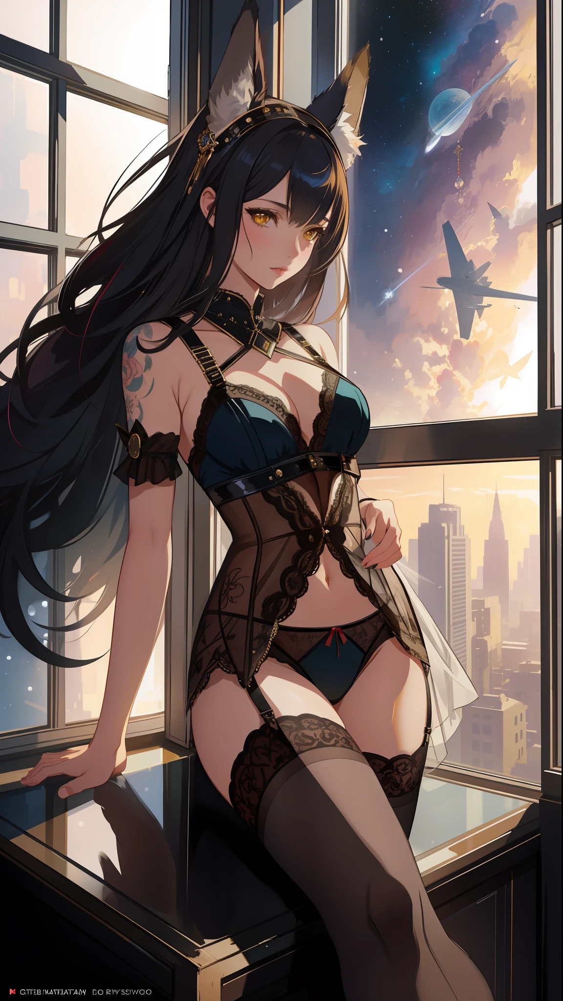 photo of the world's most beautiful artwork featuring a modern punk woman, sensual garter lingerie, leaning against a window in space, trend on ArtStation, CGSociety, Intricate, High Detail, Sharp, Dramatic, Photorealistic Painting Art by Greg Rutkowski, furry ears, spread legs, from top, yellow eyes