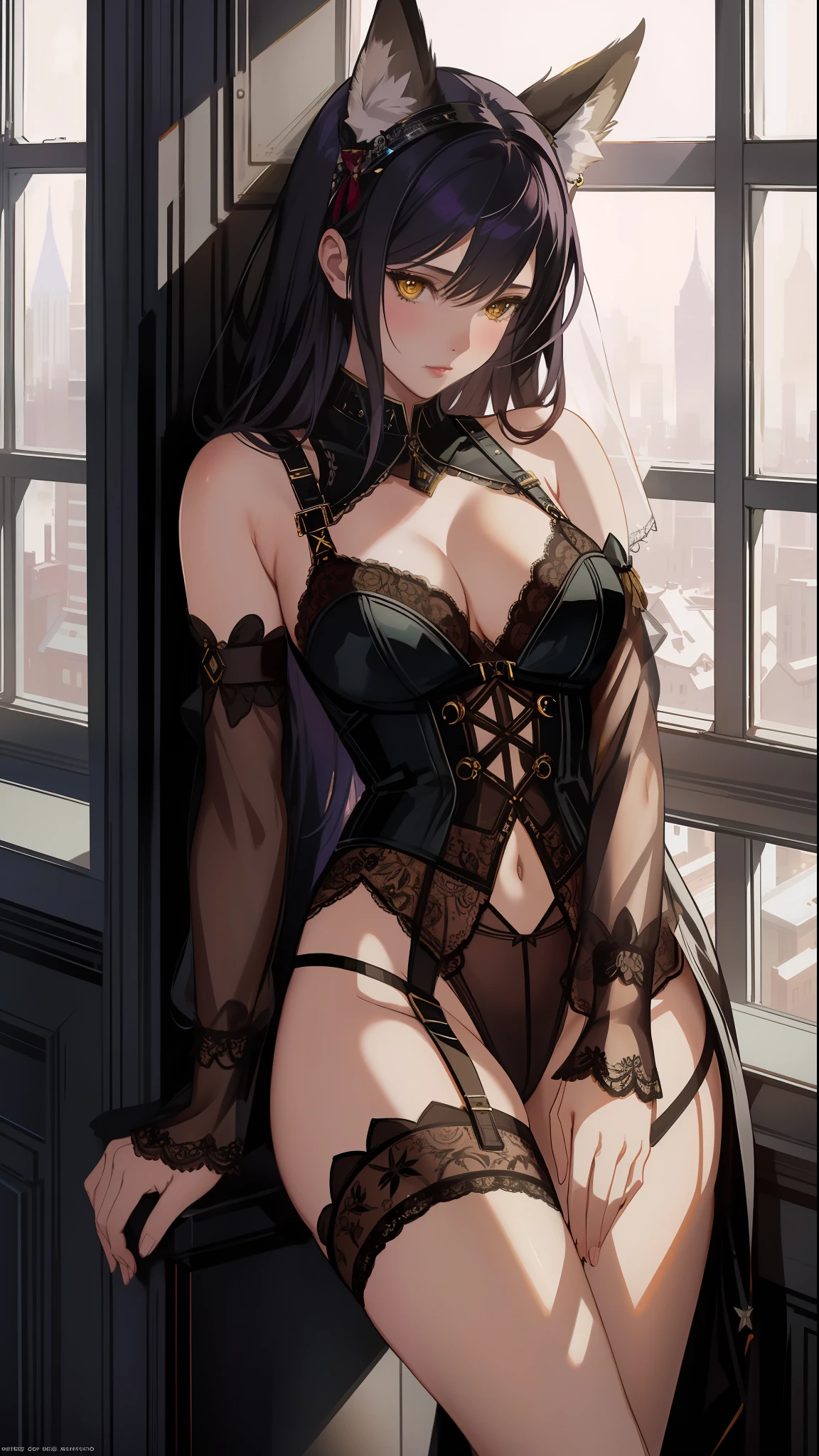 photo of the world's most beautiful artwork featuring a modern punk woman, sensual garter lingerie, leaning against a window in space, trend on ArtStation, CGSociety, Intricate, High Detail, Sharp, Dramatic, Photorealistic Painting Art by Greg Rutkowski, furry ears, spread legs, from top, yellow eyes