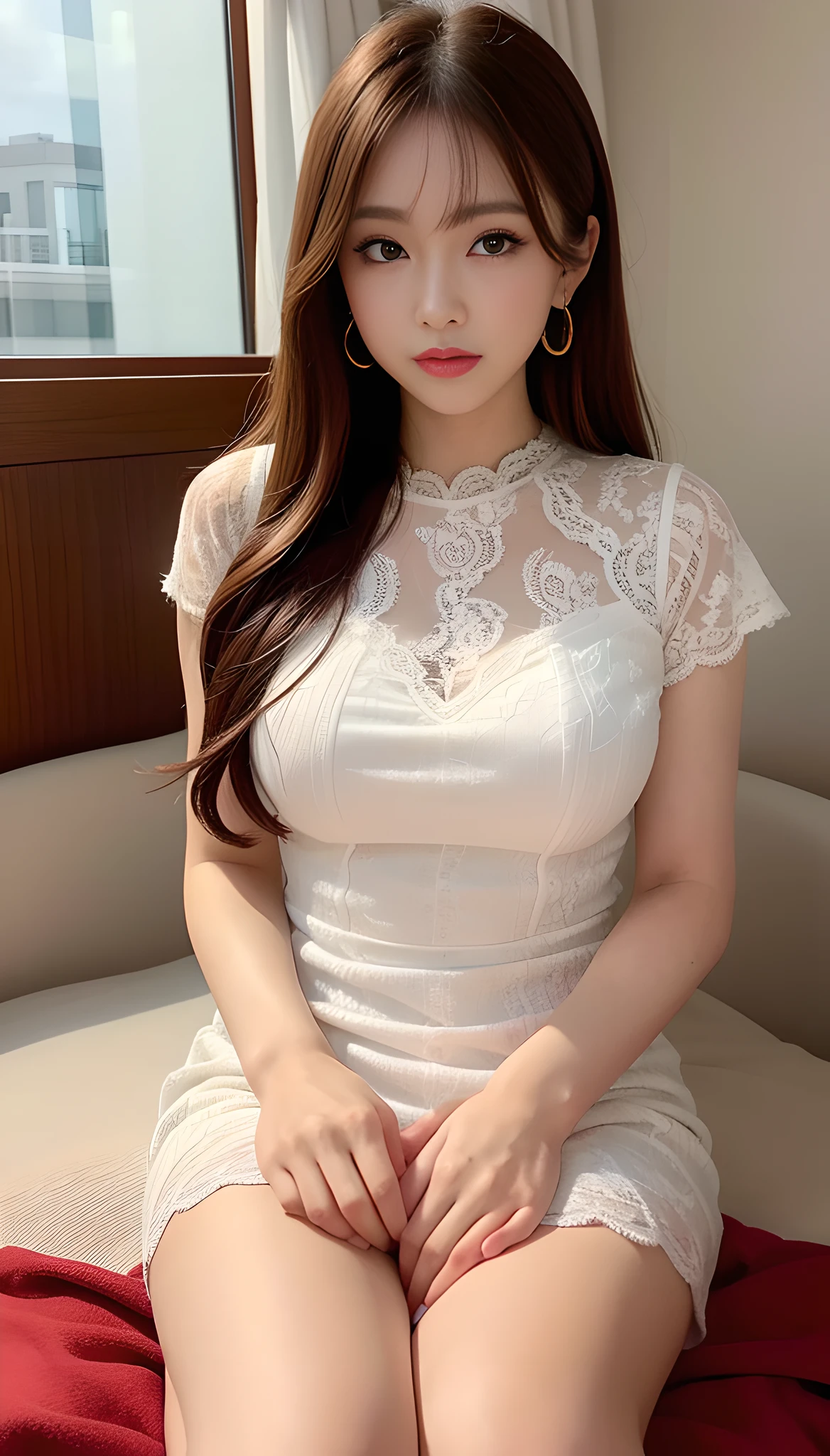 ((top-quality、8k、​masterpiece:1.3))、Beautiful woman with perfect body:1.4、slim abdomen:1.2、Longhair, normal breast, Highly detailed facial and skin texture, A detailed eye, delicate eyes, double eyelid, (smile), (full body shot), ((living room)), (sitting on chair), (((wearing white classy dress))), looking in front