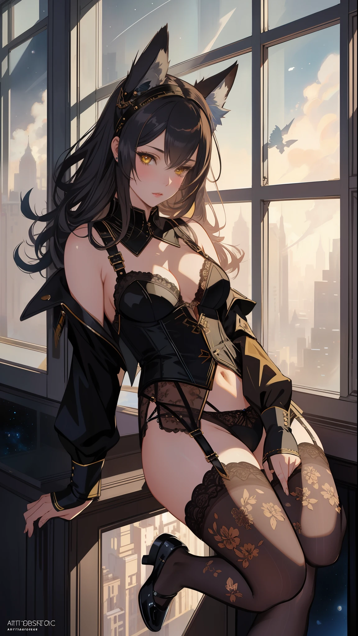 photo of the world's most beautiful artwork featuring a modern punk woman, sensual garter lingerie, leaning against a window in space, trend on ArtStation, CGSociety, Intricate, High Detail, Sharp, Dramatic, Photorealistic Painting Art by Greg Rutkowski, furry ears, spread legs, from top, yellow eyes