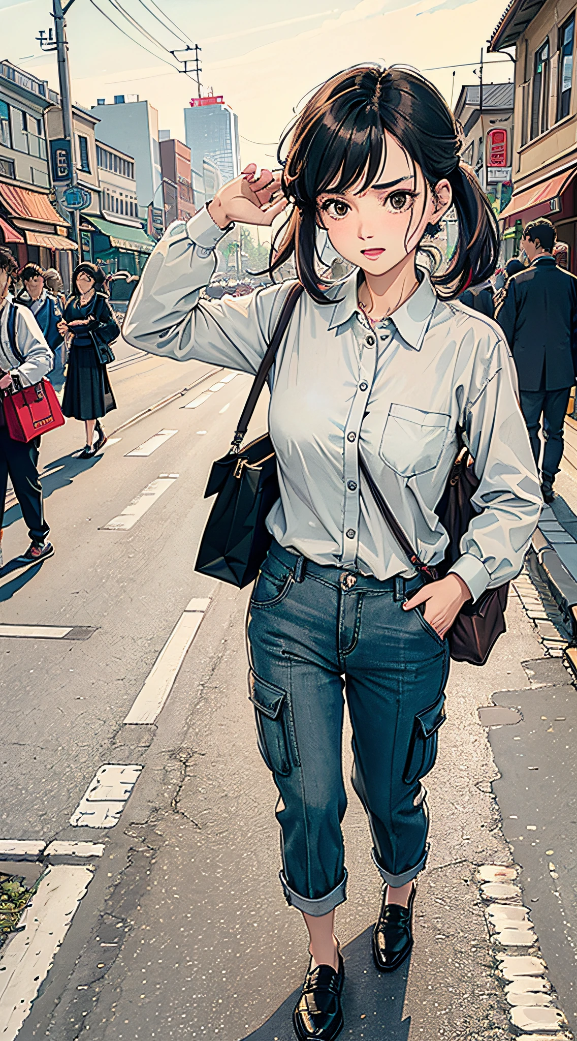 1 woman, middle-aged, wearing a uniform, (hair color: brunet), (hairstyle: long), (age: 40s), (makeup: minimum), (accessories: ID badge), (mood: panic), (expression: pain), looking for her child, (background: bustling street), (surroundings: shops, pedestrians), (weather: sunny), (time of day: daytime), (color palette: vibrant), (posture: hurry), (gesture: scanning the surroundings), (Costume Details: Uniform Shirt, Pants), (Footwear: Practical Shoes), (Props: Walkie-Talkie), (Environment: Street Signs, Street Vendors), (Environment: City), (Context: Public Areas), (Dynamic: Motion Blur), (Depth of Field: Focus on Women), (Lighting: Nature), (Mood: Chaos), (Composition: Off-Center), (Message: Desperate Search), (Urgency: Quicken the Pace), (Atmosphere: Bustling), (Background Elements: Cars, Bicycles).