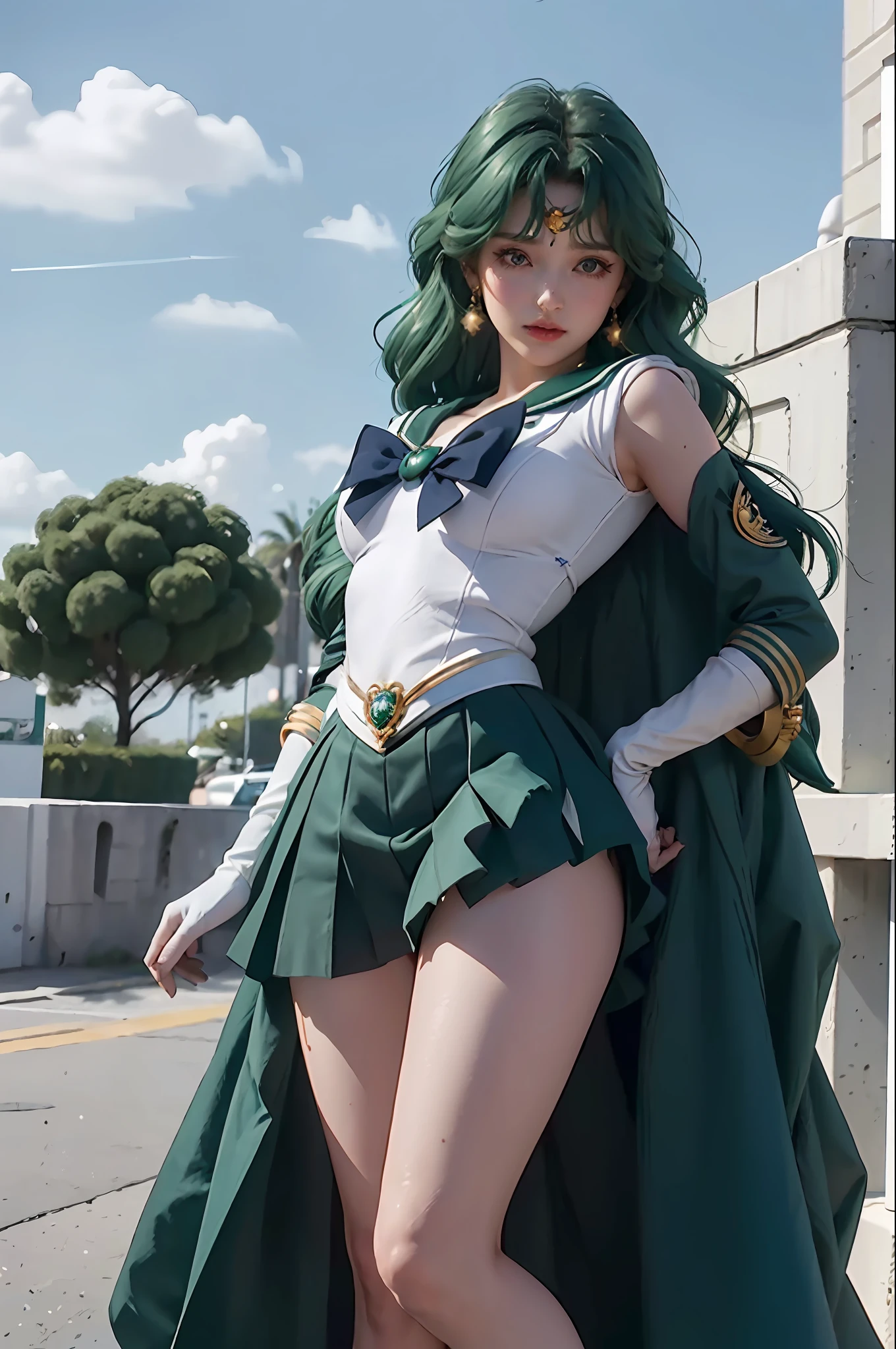 close-up, 1girl, sailor neptune, (sailor senshi uniform:1.2), (aqua eyes:0.9), dark green hair, medium hair, plead skirt, best quality, earrings, masterpiece, high resolution, intricate details, (( realistic )), photographic, (white elbow gloves:1.1), jewelry, Medium breast, full body, Dynamic background, dynamic posture,