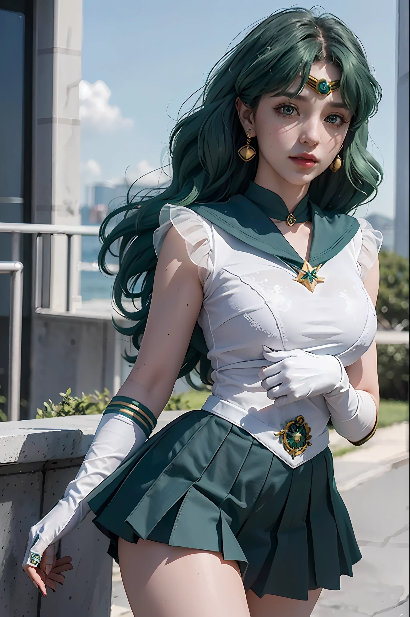close-up, 1girl, sailor neptune, (sailor senshi uniform:1.2), (aqua eyes:0.9), dark green hair, medium hair, plead skirt, best quality, earrings, masterpiece, high resolution, intricate details, (( realistic )), photographic, (white elbow gloves:1.1), jewelry, Medium breast, full body, Dynamic background, dynamic posture,
