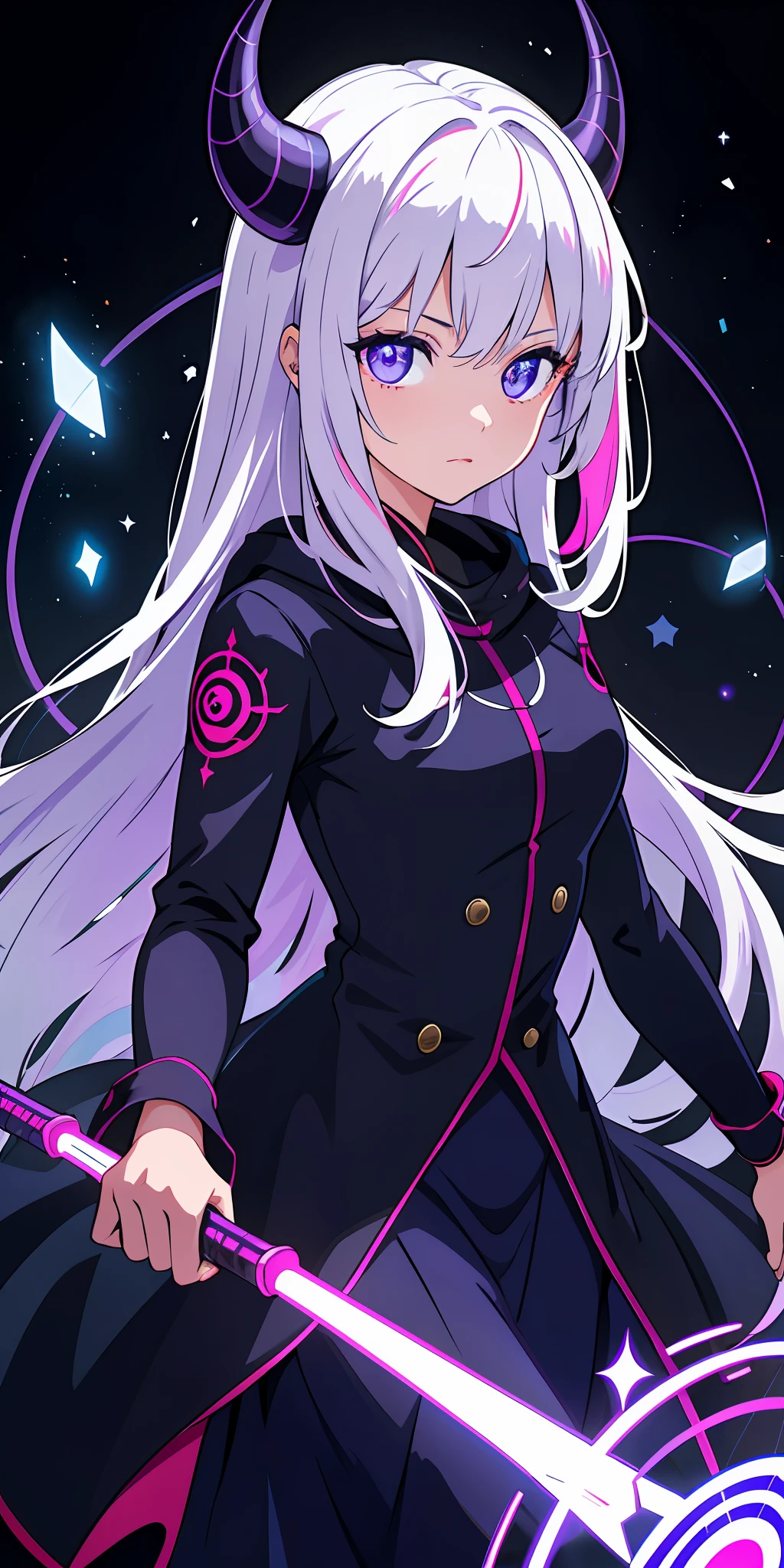 1girl, , horn, colorful eyes, glowing, blue eyes, purple eyes, , demon eyes, magic circle, light particles, rays, wallpaper,