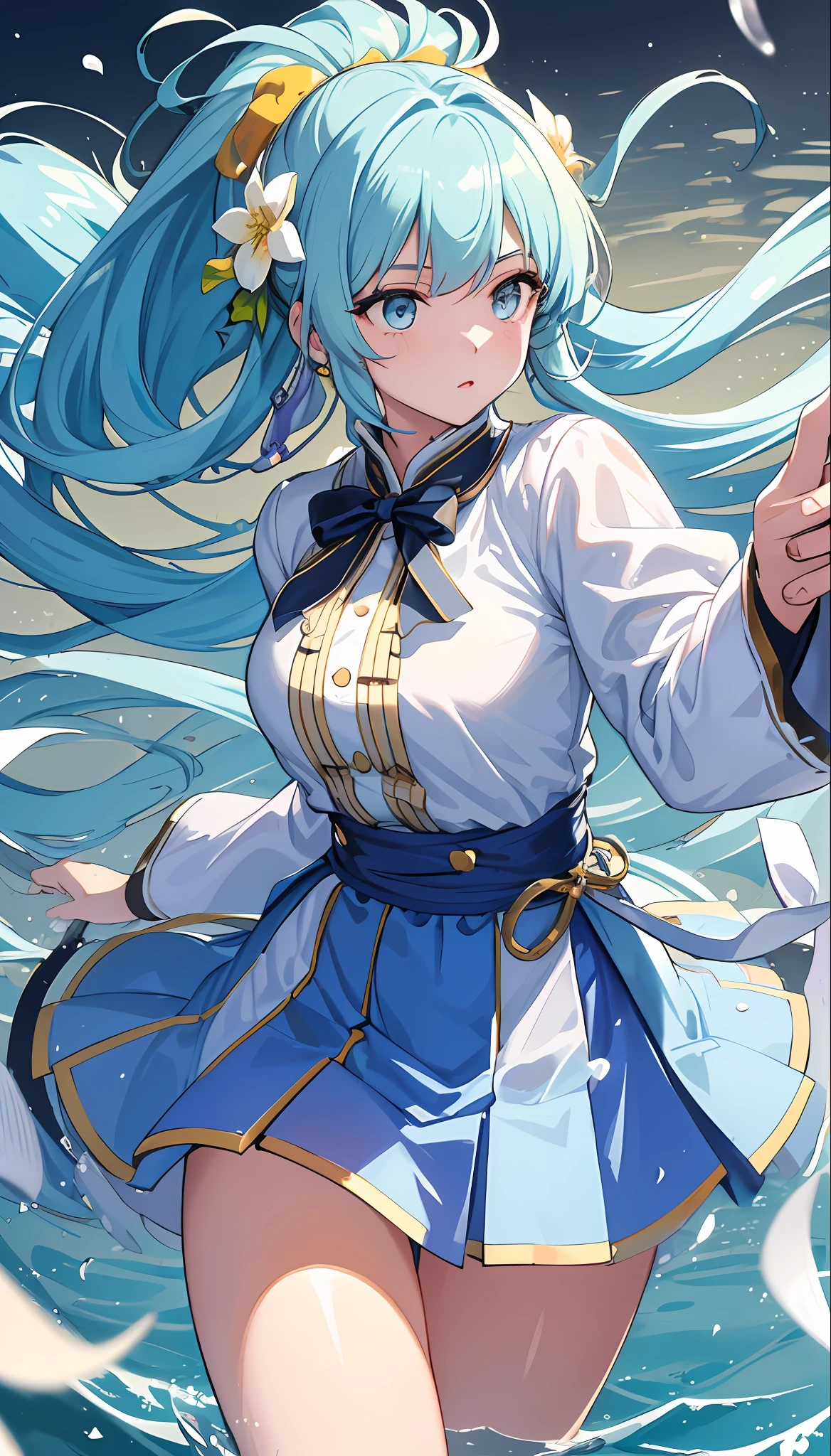 (Masterpiece), (Best Quality), (Super Detail), (disheveled Hair), (Illustration), (One Girl), (Fashionable Clothes), Standing, Fashion Model, Beholder, (Interview), (Simple Background), Finely Beautiful Eyes, Delicate Beautiful Face, Floating, (High Saturation), (Colorful Water Splash), Colorful Bubble, (Shine), Focus on Face, Ponytail, Ayaka Kamisato, light blue hair, bangs, hair ring, floating flowers, floating hair, (shining), best lighting, best shadow, Mai Yoneyama