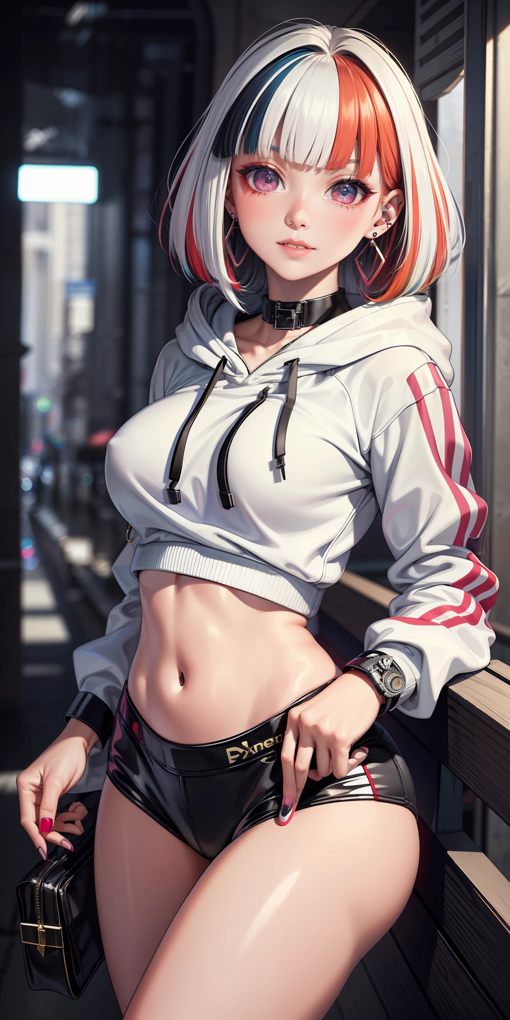 (hooded sweatshirt:1.1),((masterpiece)), ((best quality)), (ultra-detailed), ((extremely detailed)), 4K, (8K), best quality, (beautiful), extremely detailed,young girl, Cool Girl,(1girl), solo,bob cut,side braid,(two-tone coloring:1.6),beautiful white hair,(beautiful red hair),beautiful pink eyes, beautiful lips,(small breasts:1.2),slim, sad smile, earrings,(Lots of earrings),Ear Body Piercing