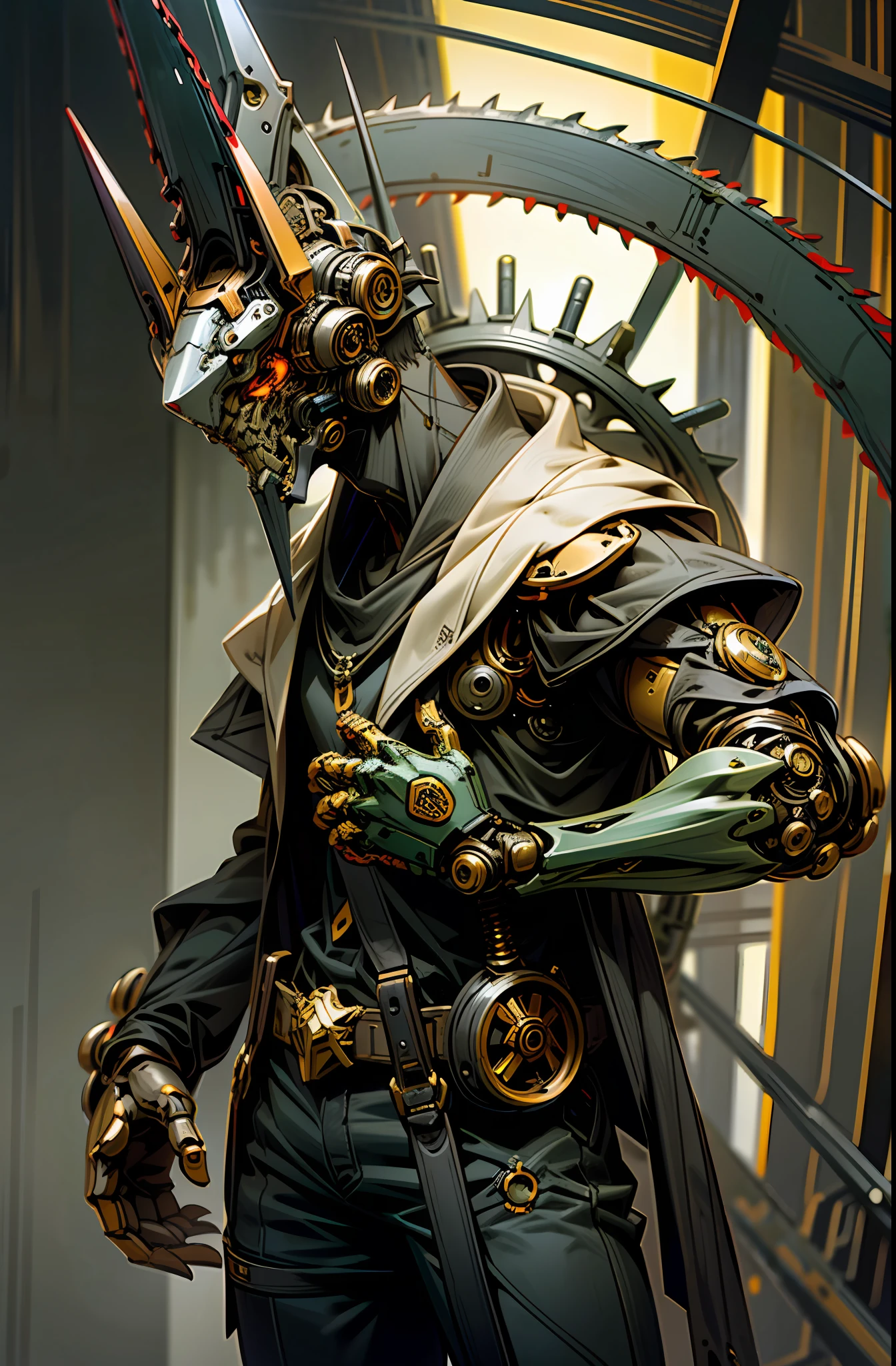 Dark_Fantasy, steampunk style, (chainsaw, chainsaw man, red: 1.1), 1 person, mechanical marvel, robot cybernetics guardian, yellow-green