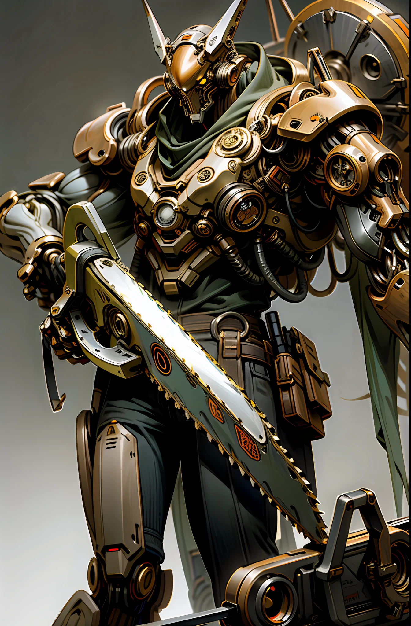 Dark_Fantasy, steampunk style, (chainsaw, chainsaw man, red: 1.1), 1 person, mechanical marvel, robot cybernetics guardian, yellow-green