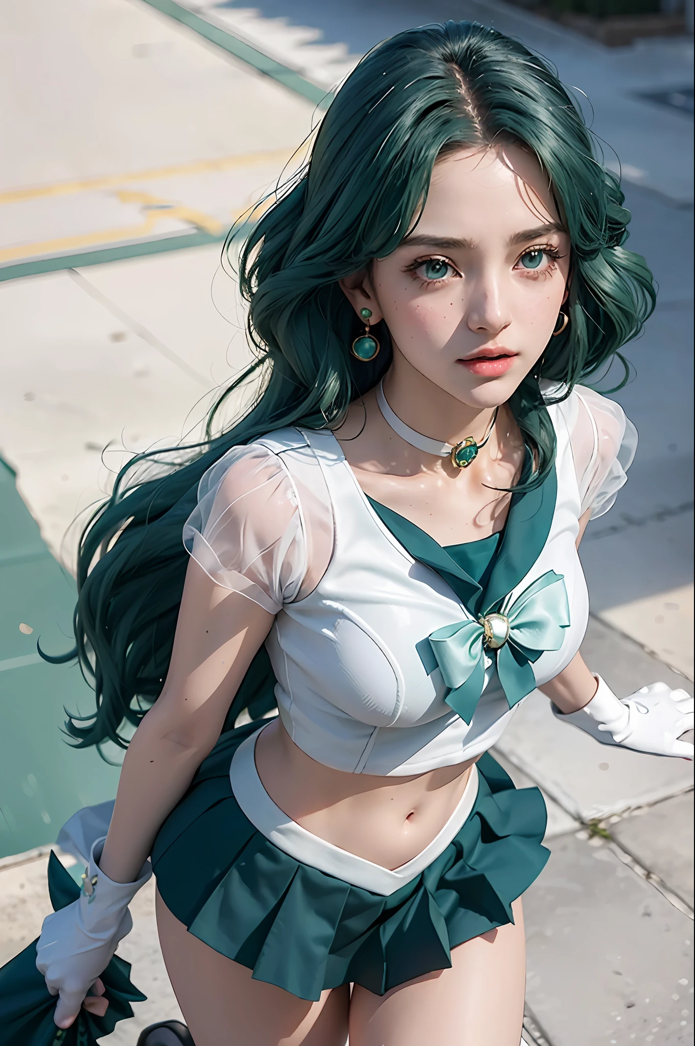 close-up, 1girl, sailor neptune, aqua eyes, dark green hair, medium hair, (sailor senshi uniform:1.1), plead skirt, bow, dynamic posture, Dynamic background, , best quality, masterpiece, high resolution, intricate details, (( realistic )), photographic, earrings, jewelry, white gloves, Medium breast, full body, white gloves, sailor collar