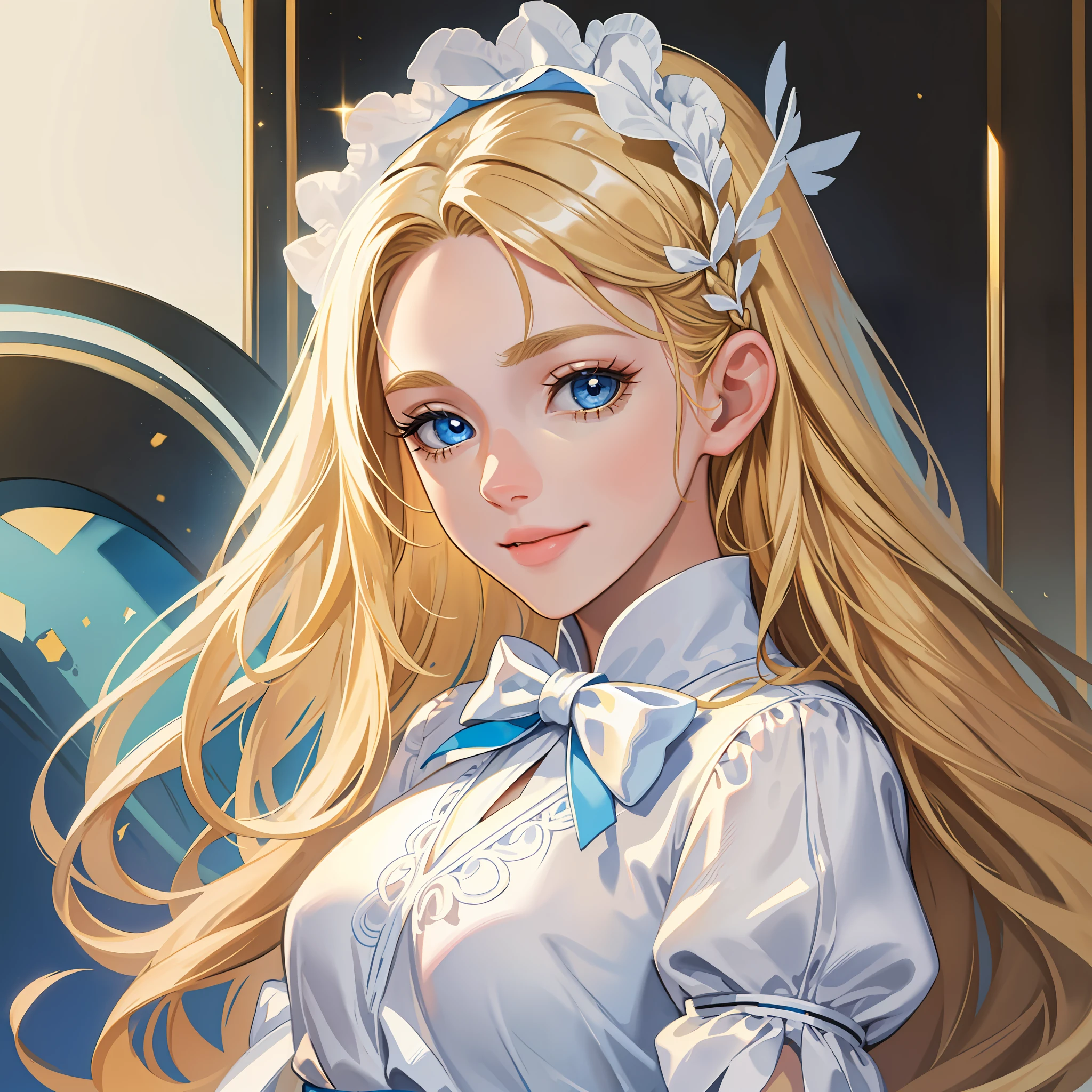 Masterpiece, Superb Girl, Young, Cute, Long Blonde Hair, Immature, Underage, Blue Eyes, Angel, Fine Eyes and Face Portrait, Ruddy Lips, Long Eyelashes, Portrait, Upper Body, Cute Smile, 8K, Front Light, Face Glow, Face Without Shadow, Greeting Light, Pure White Skirt, White Headdress, White Bow