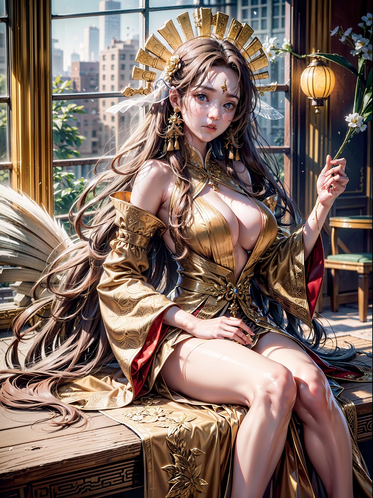 best quality, masterpiece, highres, (exquisite body:1.5),gorgeous face,(milky skin:1.3),intricate details,high resolution,wallpaper, 1girl, solo, dress, hair ornament, gold and red dress, flowers, long hair, brown hair, closed mouth, jewelry, long sleeves, hand up, wide sleeves, big eyes,floating hair, chinese clothes, hanfu, embroidery, long skirt, natural pose, falling petals, indoor,fanning, lantern, 16K,HDR,highres,depth field,(film grain:1.1),boken,golden hour,(lens flare),vignette,rainbowing,(color grading:1.5), (((sit on a huge monster)))