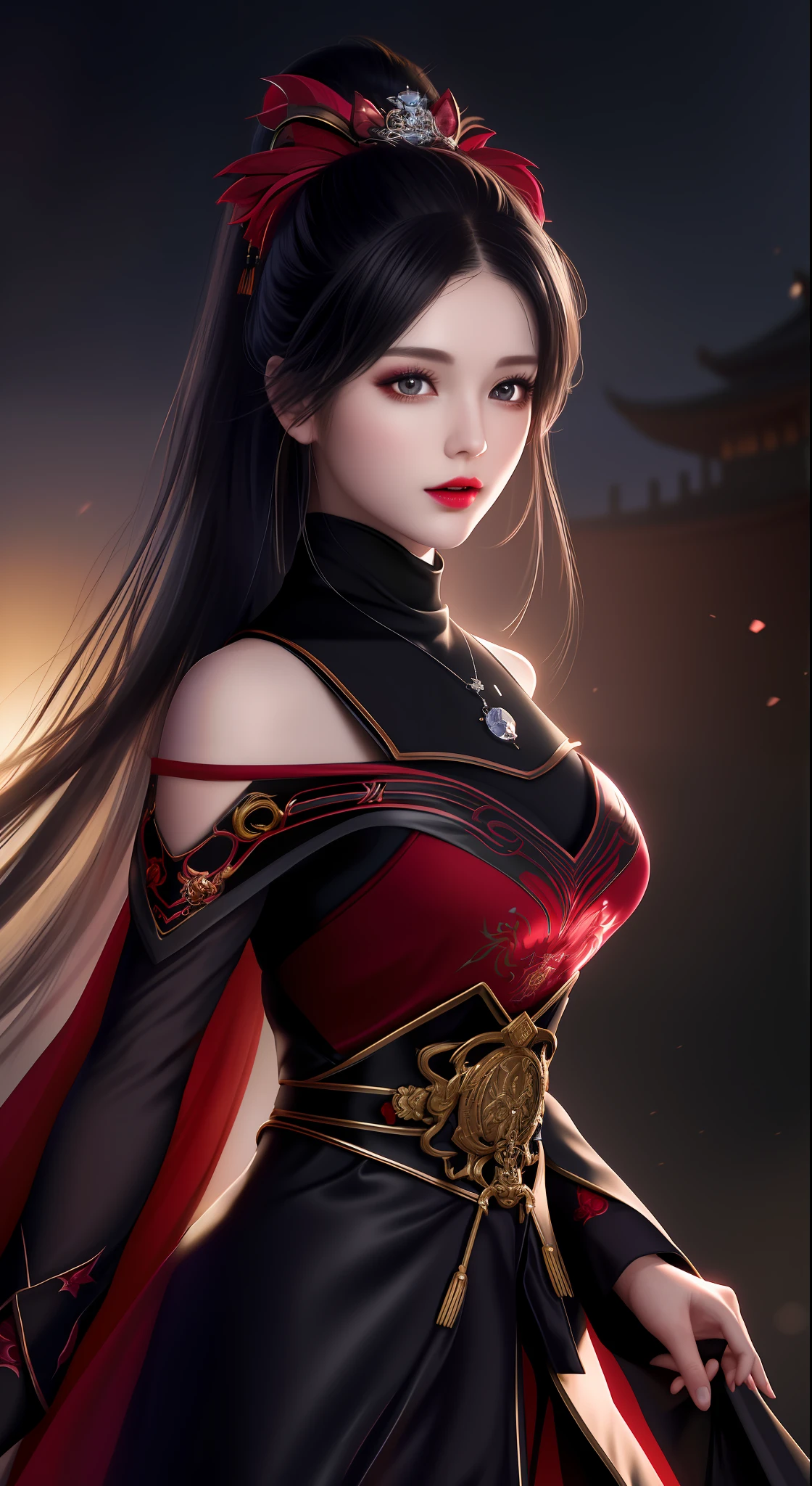 best quality, masterpiece, highres, 1girl, hanfu, white and even teeth, chinese underwear, hair ornaments, necklace, jewelry, crown jewelry. Pretty face, upper body, magic import style, tyndall effect, photorealistic, dark studio, border light, two tone light, (high detail skin: 1.2), 8k uhd, dslr, soft light, high quality, volumetric light, candid, Photo, high resolution, 4k, 8k, Bokeh, (light pink lips), 1 beautiful demon from hell, In the Dark: 1.6), surreal female portraits by David Hockney and Alphonse Mucha, fantasy art, photorealism, dynamic lighting, station art, posters, volumetric lighting, highly detailed faces, super 8k, Awarded, in the dark, deep shadow, low light, cowboy lens, (Red phoenix dress: 1.4), long hair, black hair, bust, palace luxury, Royal style, crown devil, red eyes with very sharp and detailed makeup, Best face, Very big and round and round breasts, Surreal, chinese women's clothes, turtleneck polo shirt, charming smile, Beautiful eyes makeup, guweiz, devil style, black mesh stockings, ponytail with a bow at the back, dark red lips, Devil tattoo on shoulder, wearing a thin red and black shirt , cape, overcast and thundering landscape, (Portrait), Protagonist Close-up, (Background detail 1.8),