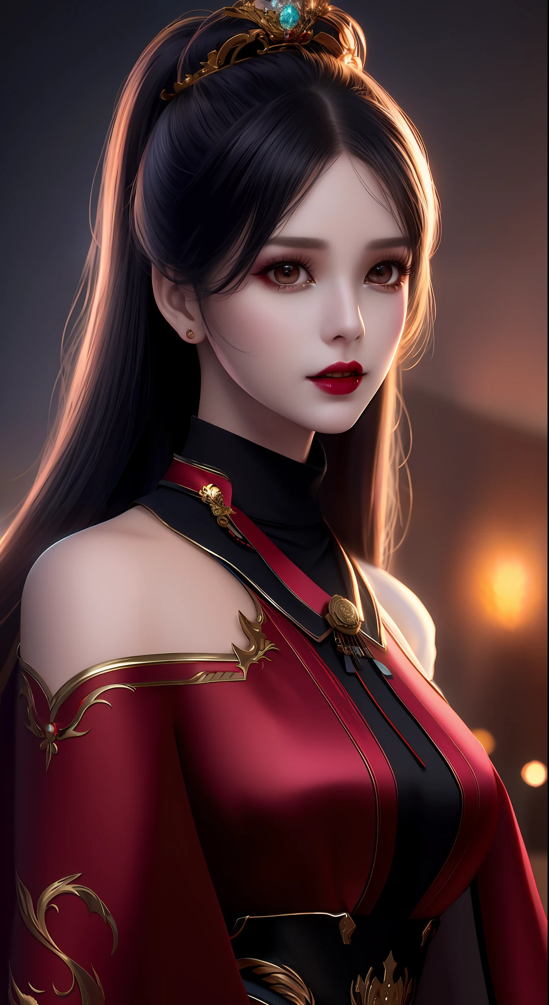 best quality, masterpiece, highres, 1girl, hanfu, white and even teeth, chinese underwear, hair ornaments, necklace, jewelry, crown jewelry. Pretty face, upper body, magic import style, tyndall effect, photorealistic, dark studio, border light, two tone light, (high detail skin: 1.2), 8k uhd, dslr, soft light, high quality, volumetric light, candid, Photo, high resolution, 4k, 8k, Bokeh, (light pink lips), 1 beautiful demon from hell, In the Dark: 1.6), surreal female portraits by David Hockney and Alphonse Mucha, fantasy art, photorealism, dynamic lighting, station art, posters, volumetric lighting, highly detailed faces, super 8k, Awarded, in the dark, deep shadow, low light, cowboy lens, (Red phoenix dress: 1.4), long hair, black hair, bust, palace luxury, Royal style, crown devil, red eyes with very sharp and detailed makeup, Best face, Very big and round and round breasts, Surreal, chinese women's clothes, turtleneck polo shirt, charming smile, Beautiful eyes makeup, guweiz, devil style, black mesh stockings, ponytail with a bow at the back, dark red lips, Devil tattoo on shoulder, wearing a thin red and black shirt , cape, overcast and thundering landscape, (Portrait), Protagonist Close-up, (Background detail 1.8),
