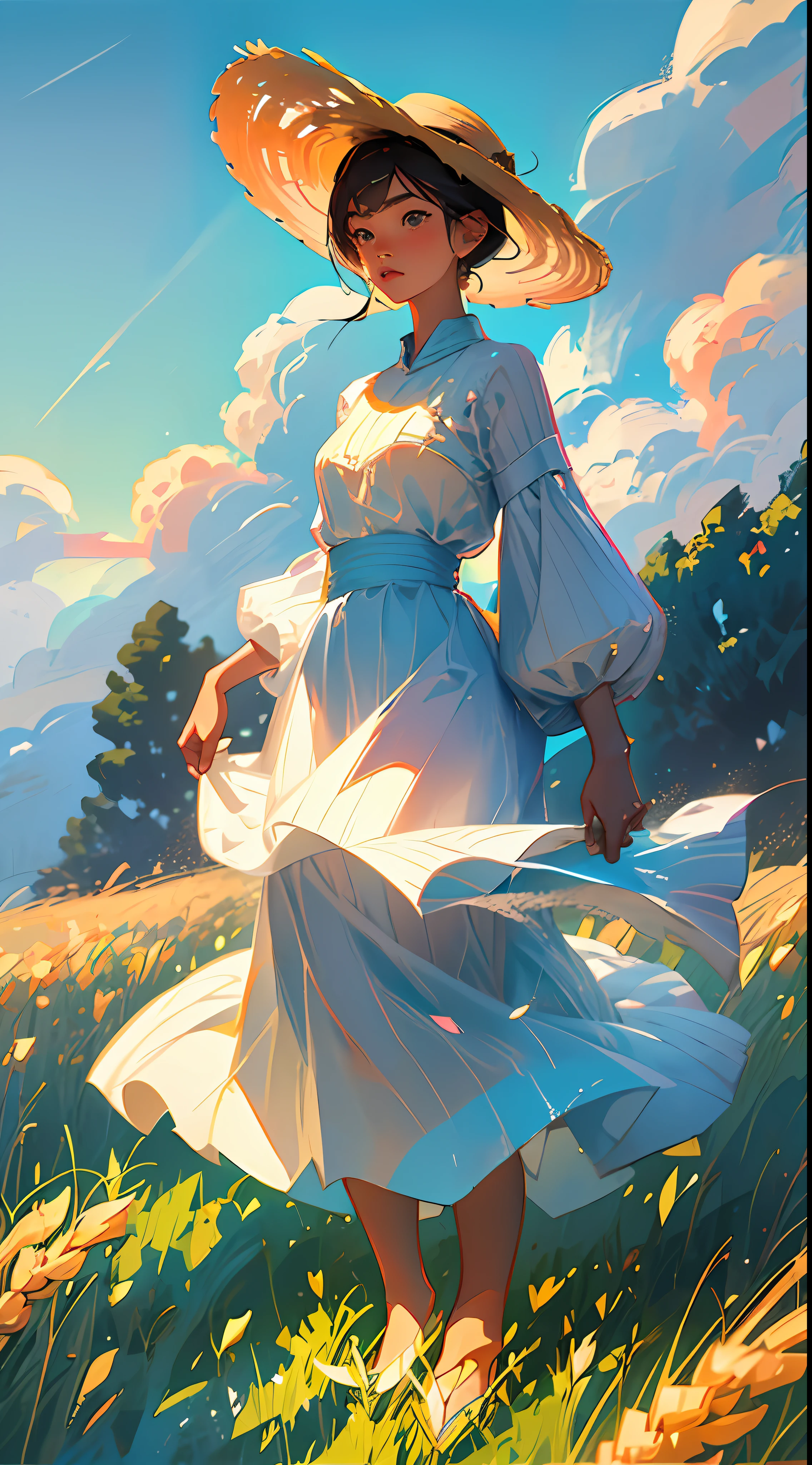 Wheat field, a farmer uncle with a straw hat standing in a wheat field, big clouds, blue sky, rice field, neat rice seedlings in the field, forest, hillside, secluded, rural, HD detail, hyper-detail, cinematic, surrealism, soft light, deep field focus bokeh, ray tracing and surrealism. --v6