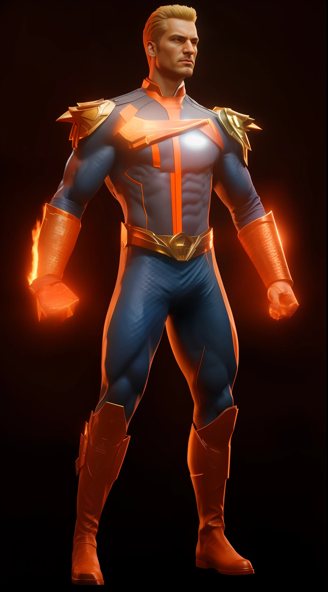 1 burly male Caucasian hero, realistic drawing, DC and Marvel crossover, homeland security and human torch fusion, standing, full length, black background, blue and a little red homeland security officer costume, gold metal belt and metal shoulder armor in the shape of an eagle's head, head of the human torch, the chest of the human torch has a large circle plus three small circles connected into an energy device, glowing eyes, muscular physique, blood vessel ejection, extremely ultra-aesthetic intricate details, clear focus, captivating lighting, Artstation Trend, Fine Clothes, Cinematic Lighting, Unreal Engine, Octane Rendering, Full Body Lens, HDR, Unreal Engine 5, Octane Rendering, Cinematic, 32k, Natural Light, Ray Traced Global Illumination, Digital Enhancement, Photorealistic Realism, Hyper Detail, VFX, High Fidelity, Expressive, Dynamic Pose, Cinematic Look, Highly Rendered, High Detail, Cinestill 800T, Sharp Focus, Intricate Detail, Crazy Detail, Allah Pressing, High Detail, Volume Lighting, Zoom Out, Action Pose, Sharp Focus, Dramatic Lighting, Center, Post-Processing, Color Grading, Redshift Rendering, Ray Tracing, Epic, High Detail, Flash, 16k --s 2