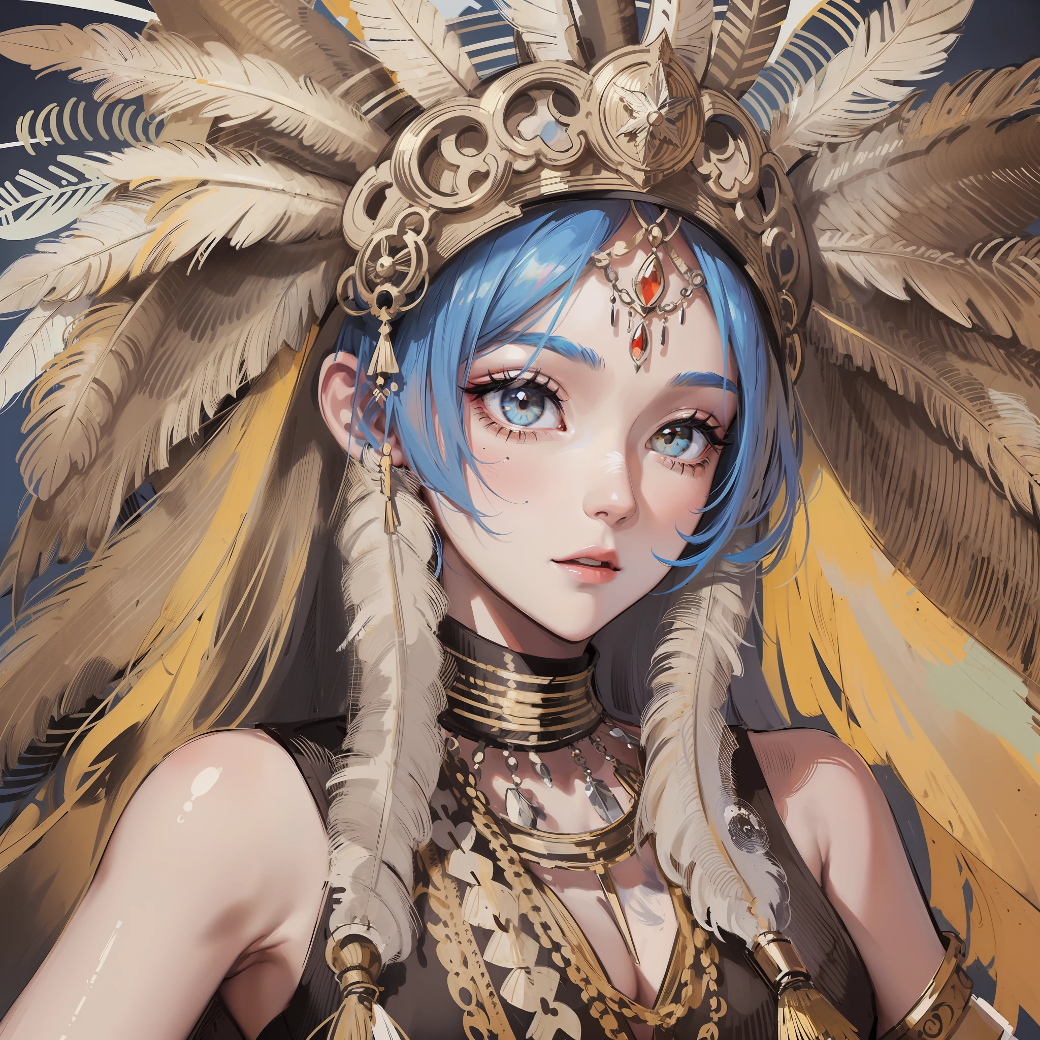 a drawing of a woman in a native american headdress, headdress, she has feathers, inka harpy girl, centered headdress, girl with feathers, feathered headdress, concept piece, made of feathers, inked drawing, indian, lowres, inspired by Karl Bodmer, inked digital, outline sketch, detailed feathers, by Jaime Colson