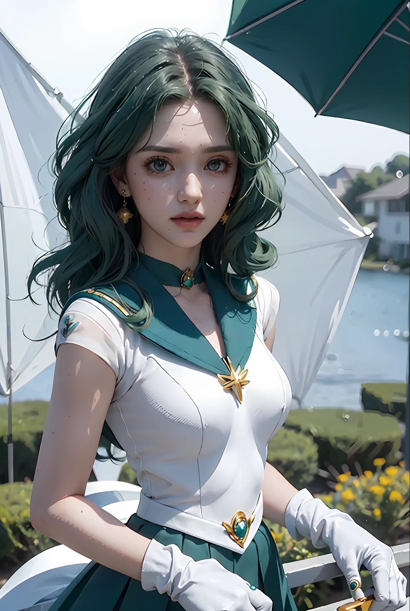 close-up, 1girl, sailor neptune, (sailor senshi uniform:1.2), (aqua eyes:0.9), dark green hair, medium hair, plead skirt, best quality, earrings, masterpiece, high resolution, intricate details, (( realistic )), photographic, (white elbow gloves:1.1), jewelry, Medium breast, full body, Dynamic background, dynamic posture, high heels,