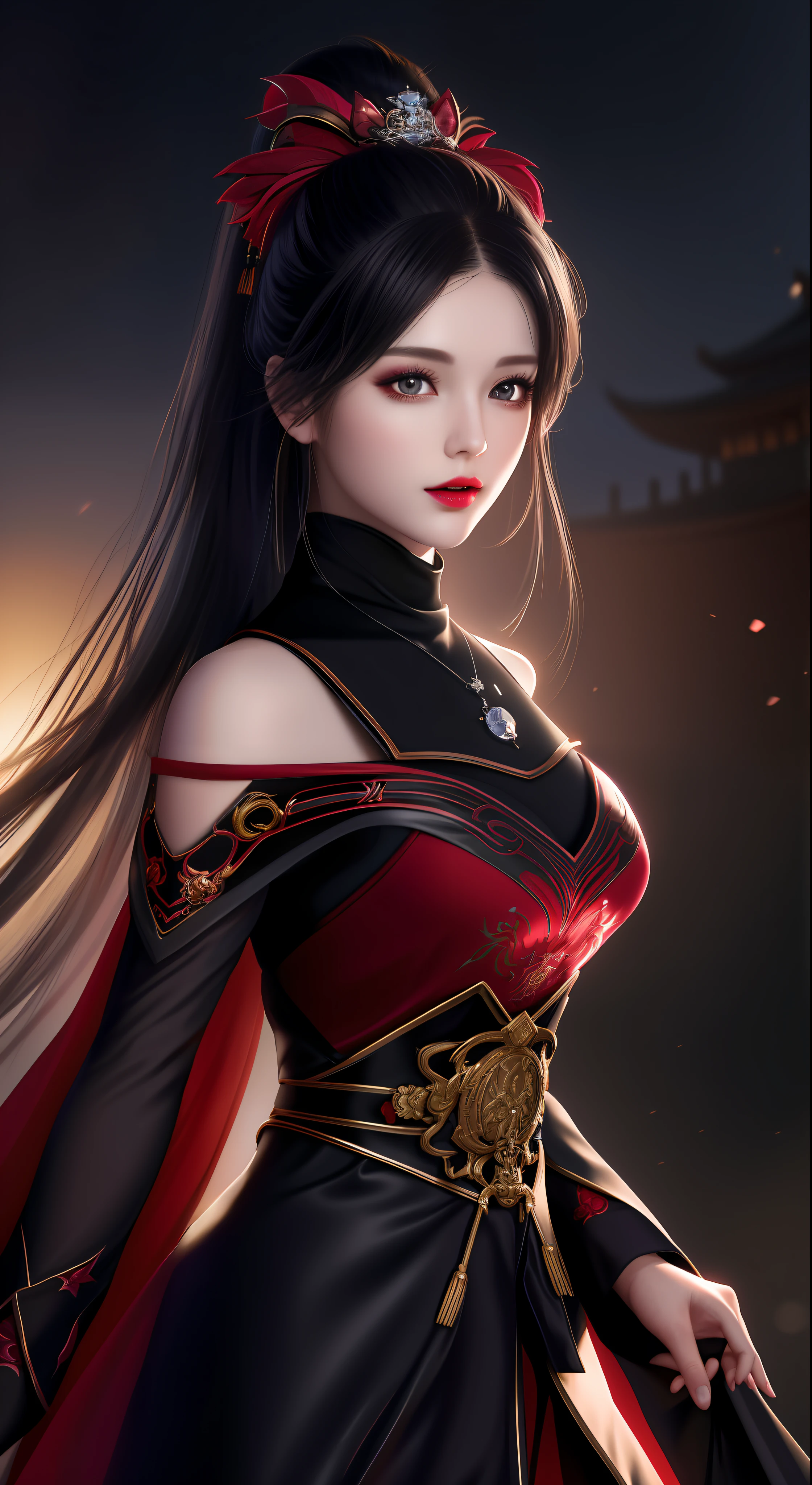 best quality, masterpiece, highres, 1girl, hanfu, white and even teeth, chinese underwear, hair ornaments, necklace, jewelry, crown jewelry. Pretty face, upper body, magic import style, tyndall effect, photorealistic, dark studio, border light, two tone light, (high detail skin: 1.2), 8k uhd, dslr, soft light, high quality, volumetric light, candid, Photo, high resolution, 4k, 8k, Bokeh, (light pink lips), 1 beautiful demon from hell, In the Dark: 1.6), surreal female portraits by David Hockney and Alphonse Mucha, fantasy art, photorealism, dynamic lighting, station art, posters, volumetric lighting, highly detailed faces, super 8k, Awarded, in the dark, deep shadow, low light, cowboy lens, (Red phoenix dress: 1.4), long hair, black hair, bust, palace luxury, Royal style, crown devil, red eyes with very sharp and detailed makeup, Best face, Very big and round and round breasts, Surreal, chinese women's clothes, turtleneck polo shirt, charming smile, Beautiful eyes makeup, guweiz, devil style, black mesh stockings, ponytail with a bow at the back, dark red lips, Devil tattoo on shoulder, wearing a thin red and black shirt , cape, overcast and thundering landscape, (Portrait), Protagonist Close-up, (Background detail 1.8),
