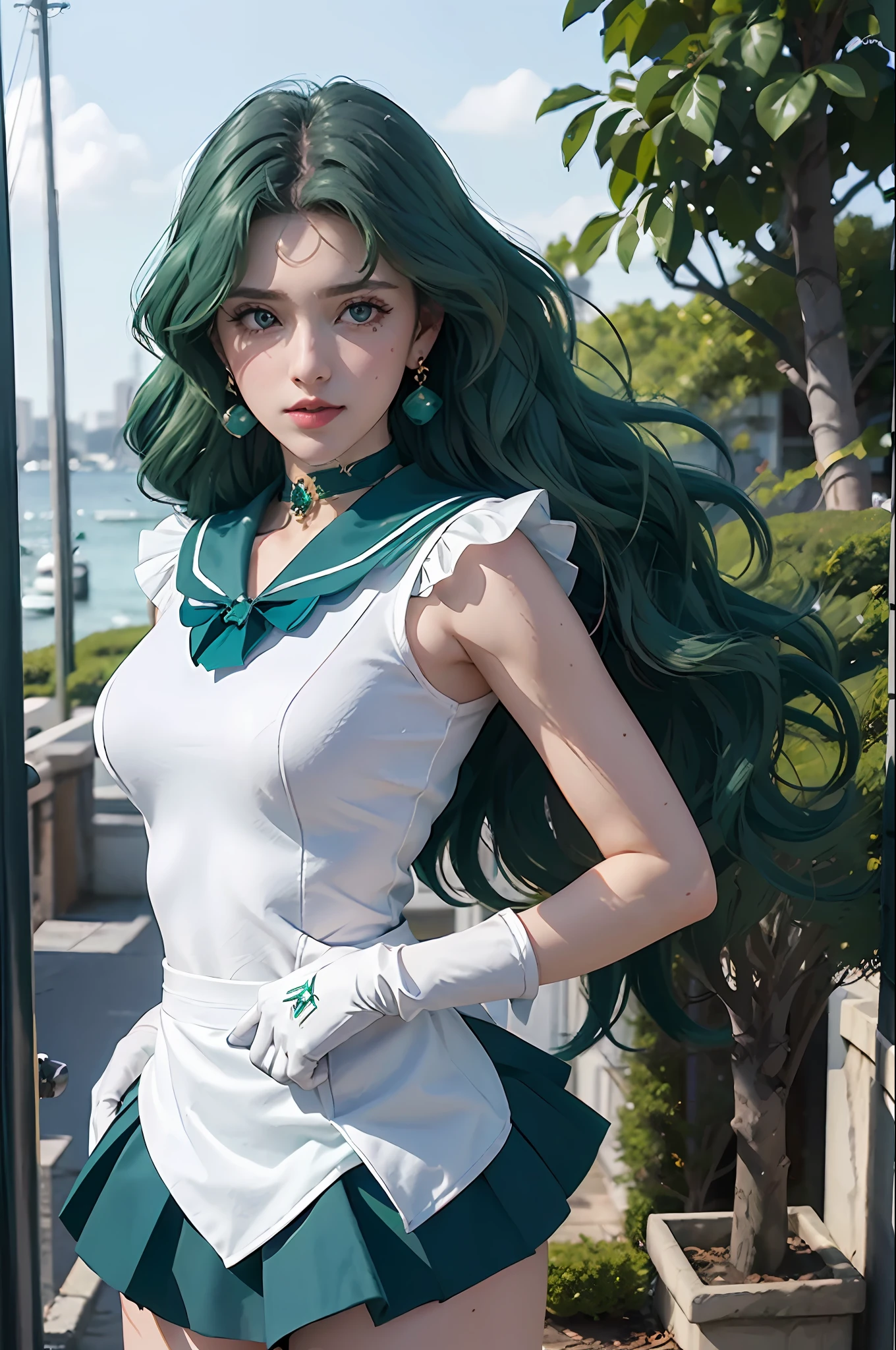 close-up, 1girl, sailor neptune, aqua eyes, dark green hair, medium hair, (sailor senshi uniform:1.1), plead skirt, bow, dynamic posture, Dynamic background, , best quality, masterpiece, high resolution, intricate details, (( realistic )), photographic, earrings, jewelry, white gloves, Medium breast, full body, white gloves, sailor collar