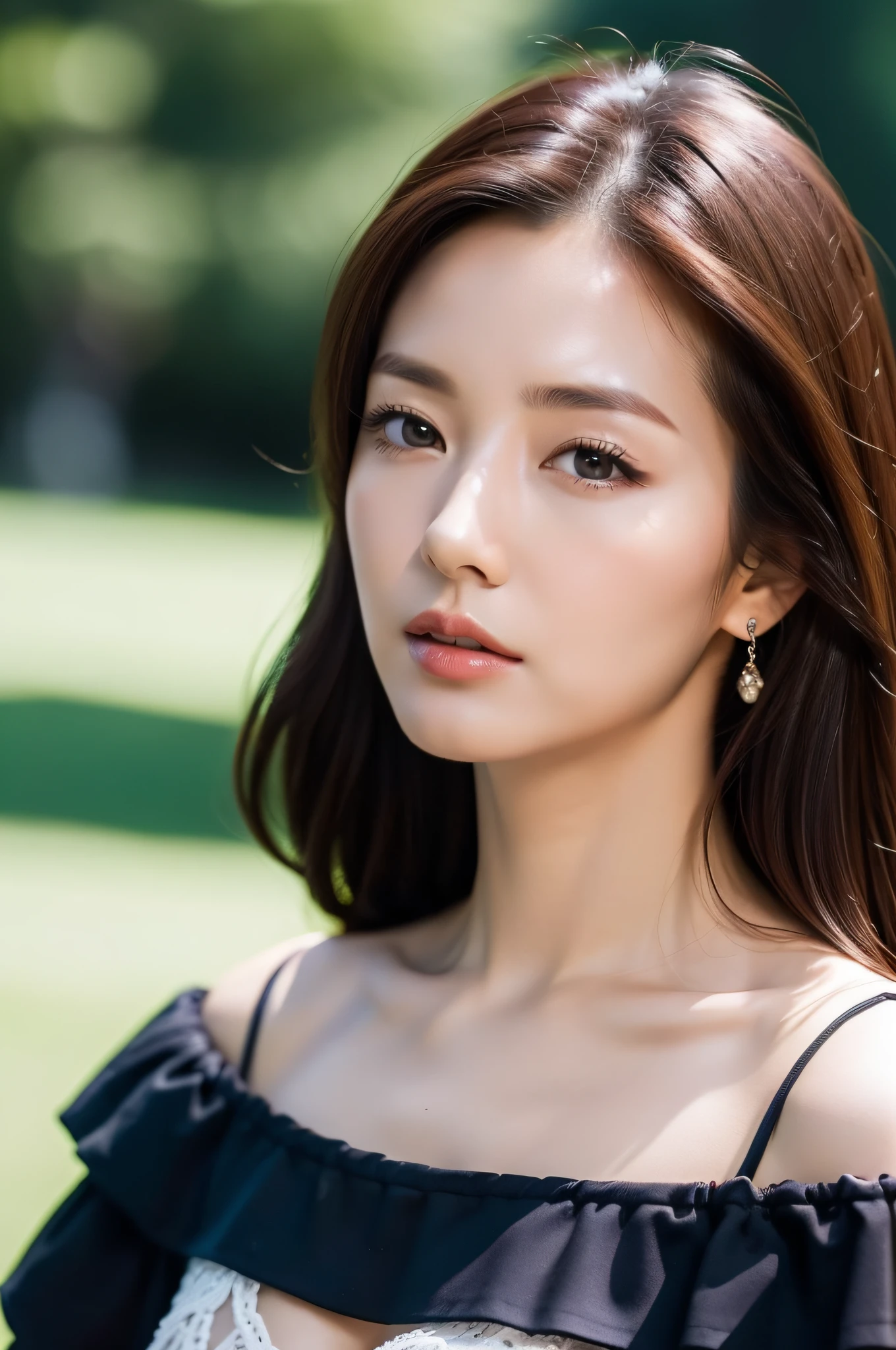 ((Top Quality, 8K, Masterpiece: 1.3)), Sharp Focus: 1.2, (lovely woman: 1.0), (Beautiful woman with slender abs: 1.0), (Shiny Skin: 1.0), Realistic Photo, Black Hair, Realistic Pupil, Movie Lighting, Highly Detailed Eyes and Face, Movie Lighting, medium Cleavage, (cowboy shot: 1.0) , off-shoulder blouse