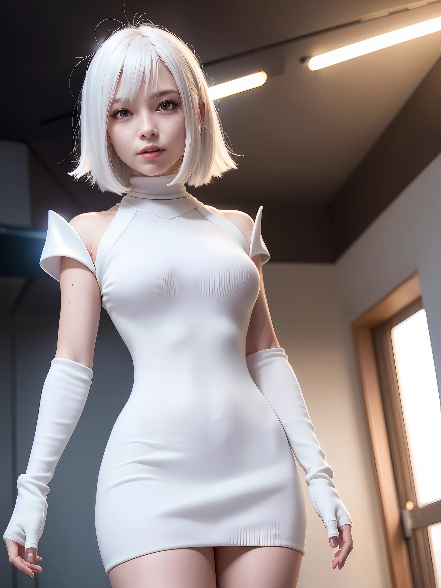 Full body, white hair, ((dragoon: 1.2)), blunt head, masterpiece, best quality, official art, very detailed CG unity 8k wallpaper, 1 girl, super high resolution, (realism: 1.4), primetime lighting, sweater dress, (upper body), (Sagiart: 1), (platinum short hair: 0.8), (puffy eyes)), looking at the audience, facing forward, smiling, laughing, top, gloves, short hair