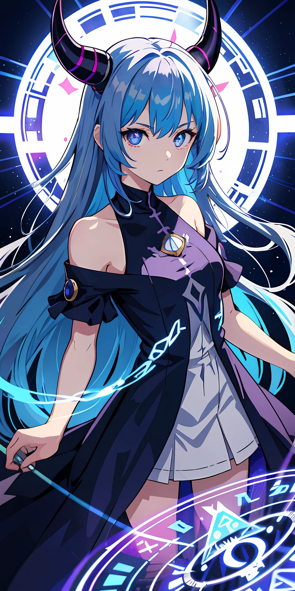 1girl, blue hair, horns, multicolored eyes, glowing, blue eye, purple eye, bare shoulders, demon eyes, magic circle, light particles, light rays, wallpaper,