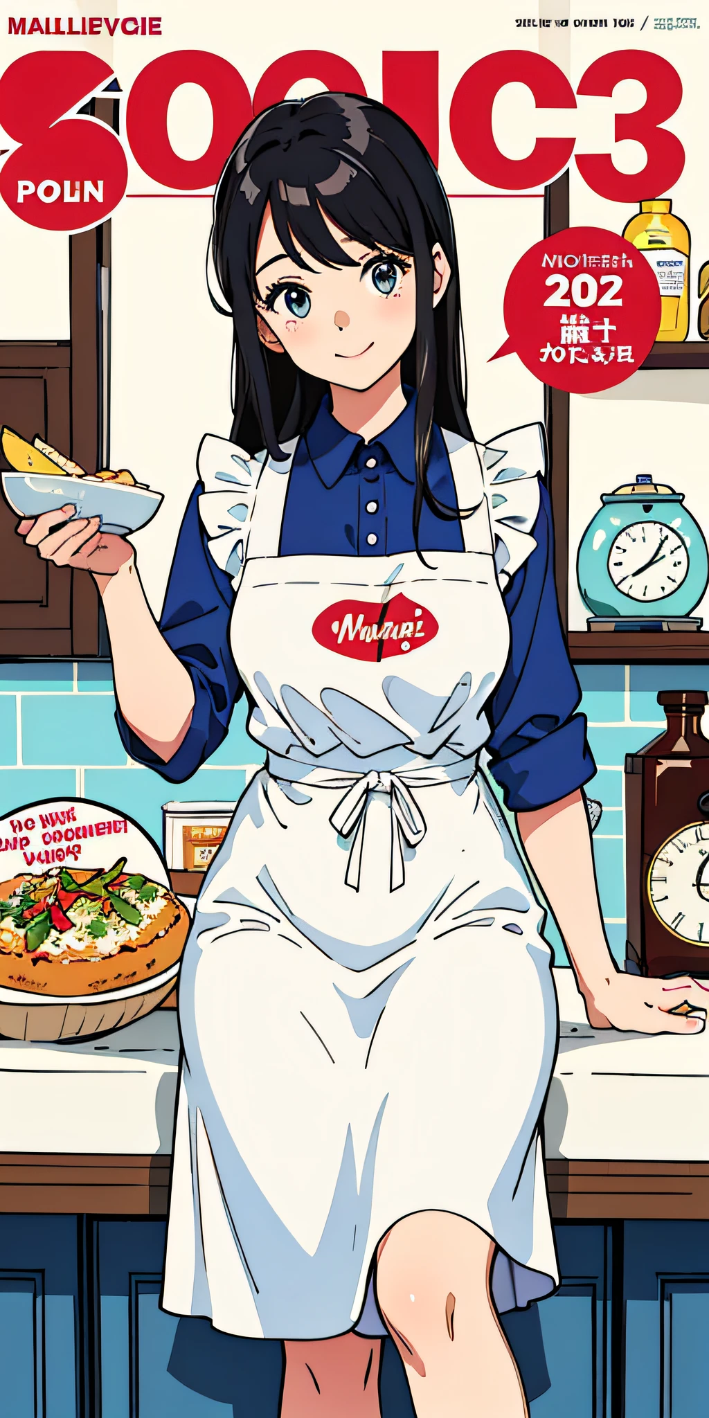 (Best Quality, Masterpiece), Women's Cooking Magazine Cover, 1girl, 20 years old, stunning, cute, warm smile, hourglass figure, floral dress, apron, food, text, chart, advertising, magazine title