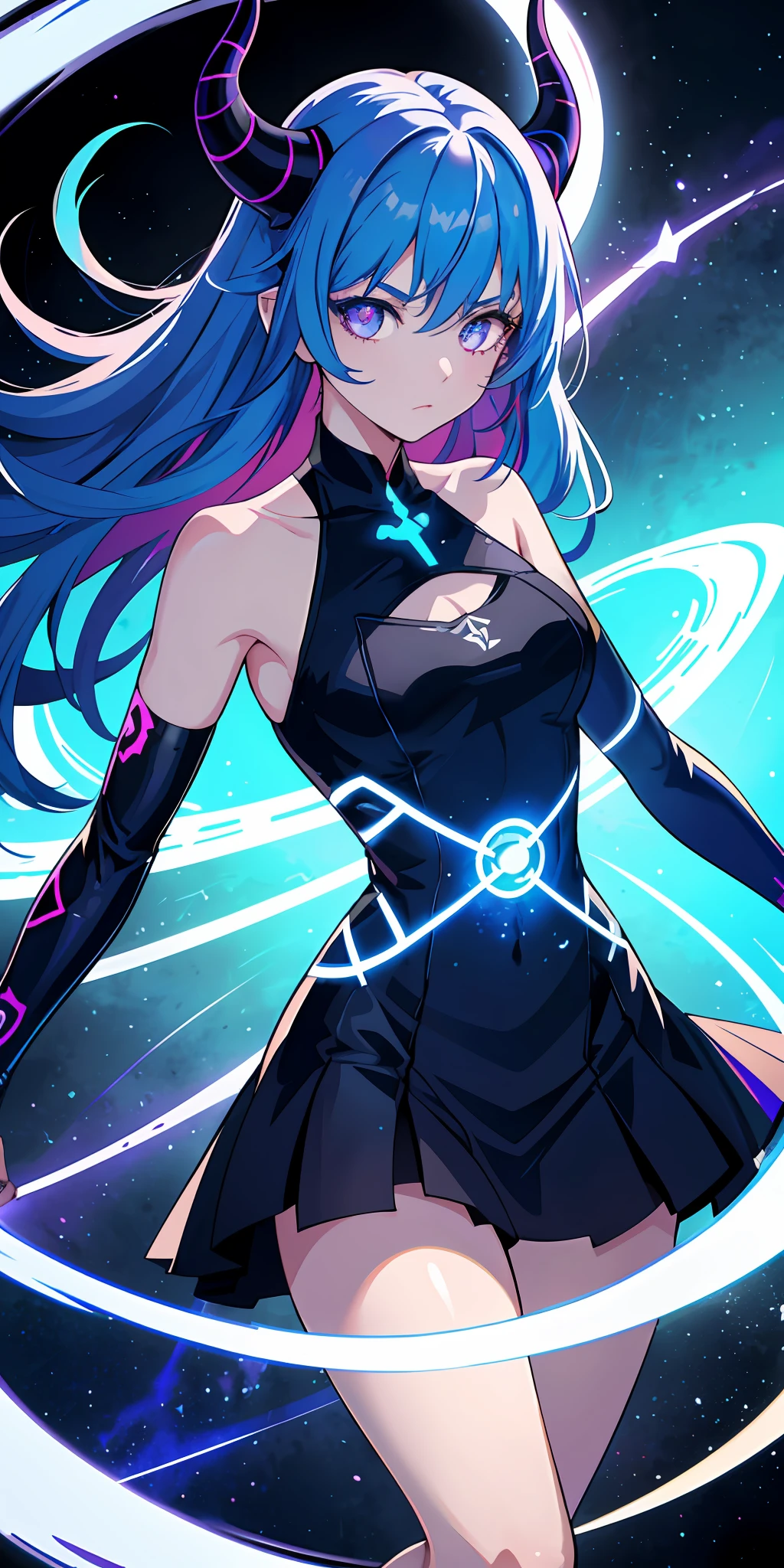 1girl, blue hair, horns, multicolored eyes, glowing, blue eye, purple eye, bare shoulders, demon eyes, magic circle, light particles, light rays, wallpaper,