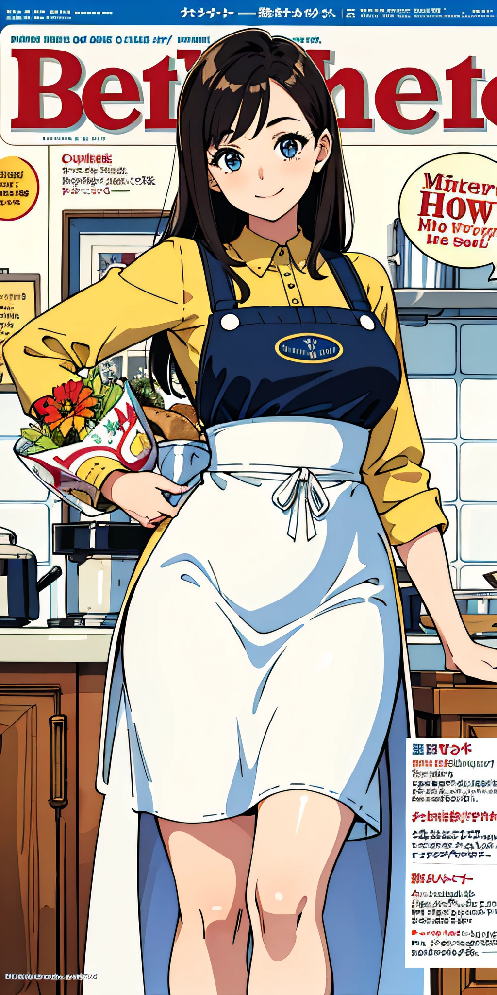 (Best Quality, Masterpiece), Women's Cooking Magazine Cover, 1girl, 20 years old, stunning, cute, warm smile, hourglass figure, floral dress, apron, food, text, chart, advertising, magazine title