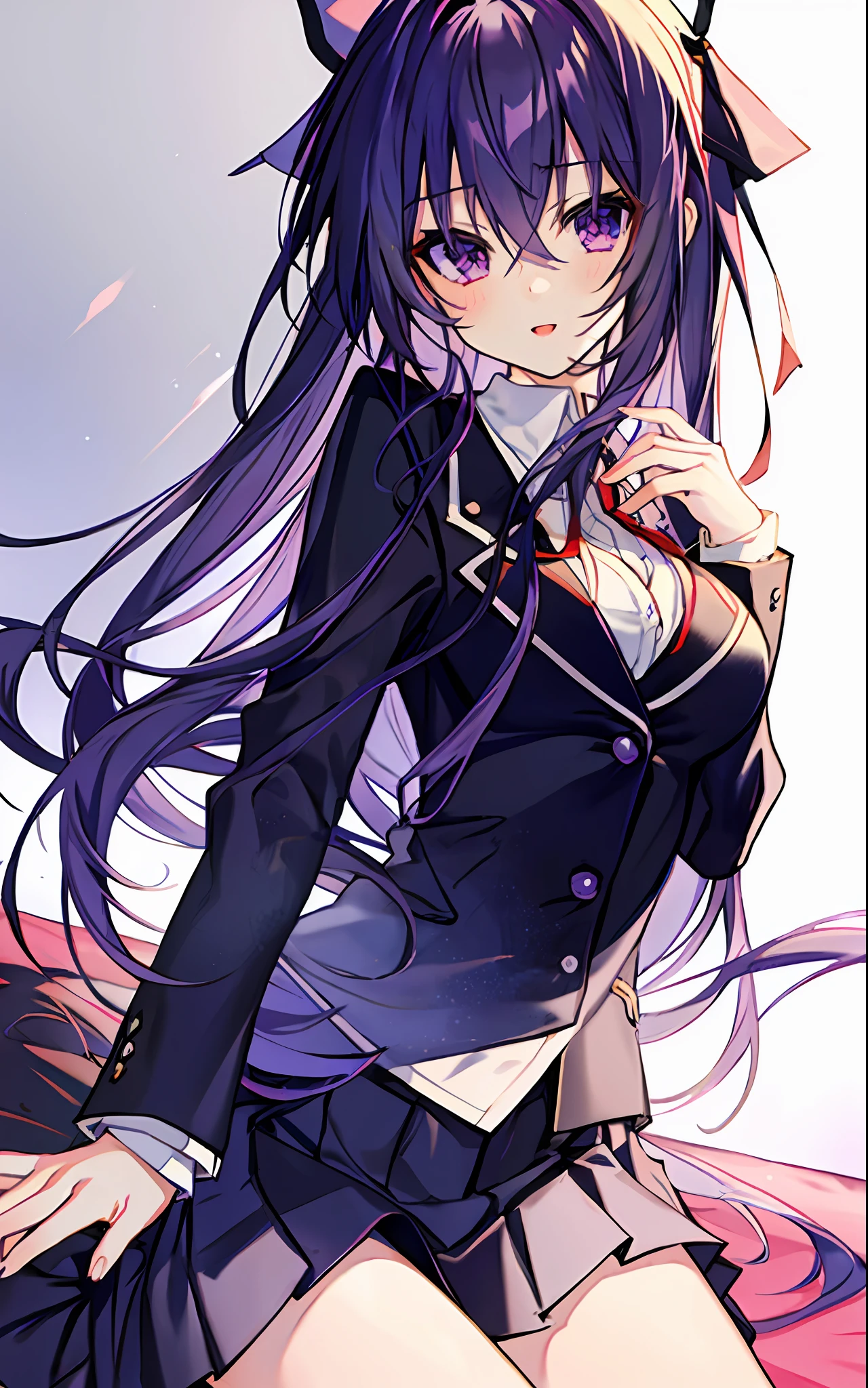 18 year old beautiful girl, masterpiece, top quality, 8K anime, detailed fingers, precise fingers, not unnatural hands, illustration, 1 girl, solo, purple ribbon, black blazer, white shirt, red ribbon on chest, black mini skirt, TOHKA