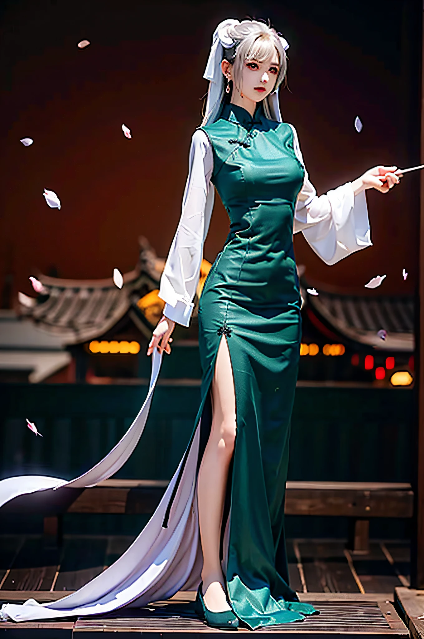 There is a girl in a green dress, plum blossoms, palaces, oriental architecture ray tracing, {best quality}, {{masterpiece}}, extremely detailed 8K wallpaper, {an extremely delicate and beautiful}, colorful, intricately detailed, Realistic, real, camera quality, (detailed depiction of clothes), cool white skin, (detailed depiction of blush), 1080p, sun, soft cuteness, smooth light silver hair, messy beauty, lighting, broken feeling, bright and silky skin , 3D stereoscopic, masterpiece, best quality, super fine illustration, beautiful eyes, very fine light, fine glow, very fine 8K CG wallpaper, peach eyes, red pupils, an extremely delicate and beautiful girl, 8k Wallpaper, best quality, full body close-up, white long dress, luxurious silky bright red chiffon floodlight (magic, glitter, ultra-thin, soft,) Hanfu