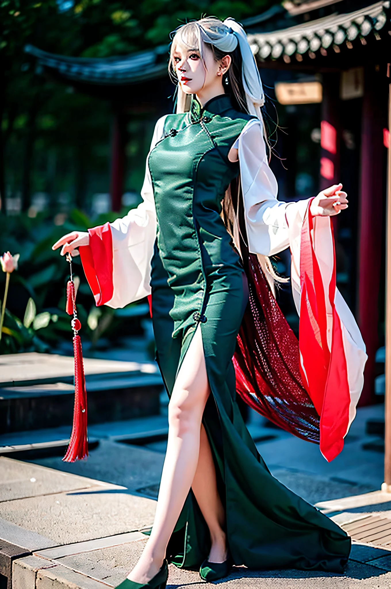 There is a girl in a green dress, plum blossoms, palaces, oriental architecture ray tracing, {best quality}, {{masterpiece}}, extremely detailed 8K wallpaper, {an extremely delicate and beautiful}, colorful, intricately detailed, Realistic, real, camera quality, (detailed depiction of clothes), cool white skin, (detailed depiction of blush), 1080p, sun, soft cuteness, smooth light silver hair, messy beauty, lighting, broken feeling, bright and silky skin , 3D stereoscopic, masterpiece, best quality, super fine illustration, beautiful eyes, very fine light, fine glow, very fine 8K CG wallpaper, peach eyes, red pupils, an extremely delicate and beautiful girl, 8k Wallpaper, best quality, full body close-up, white long dress, luxurious silky bright red chiffon floodlight (magic, glitter, ultra-thin, soft,) Hanfu