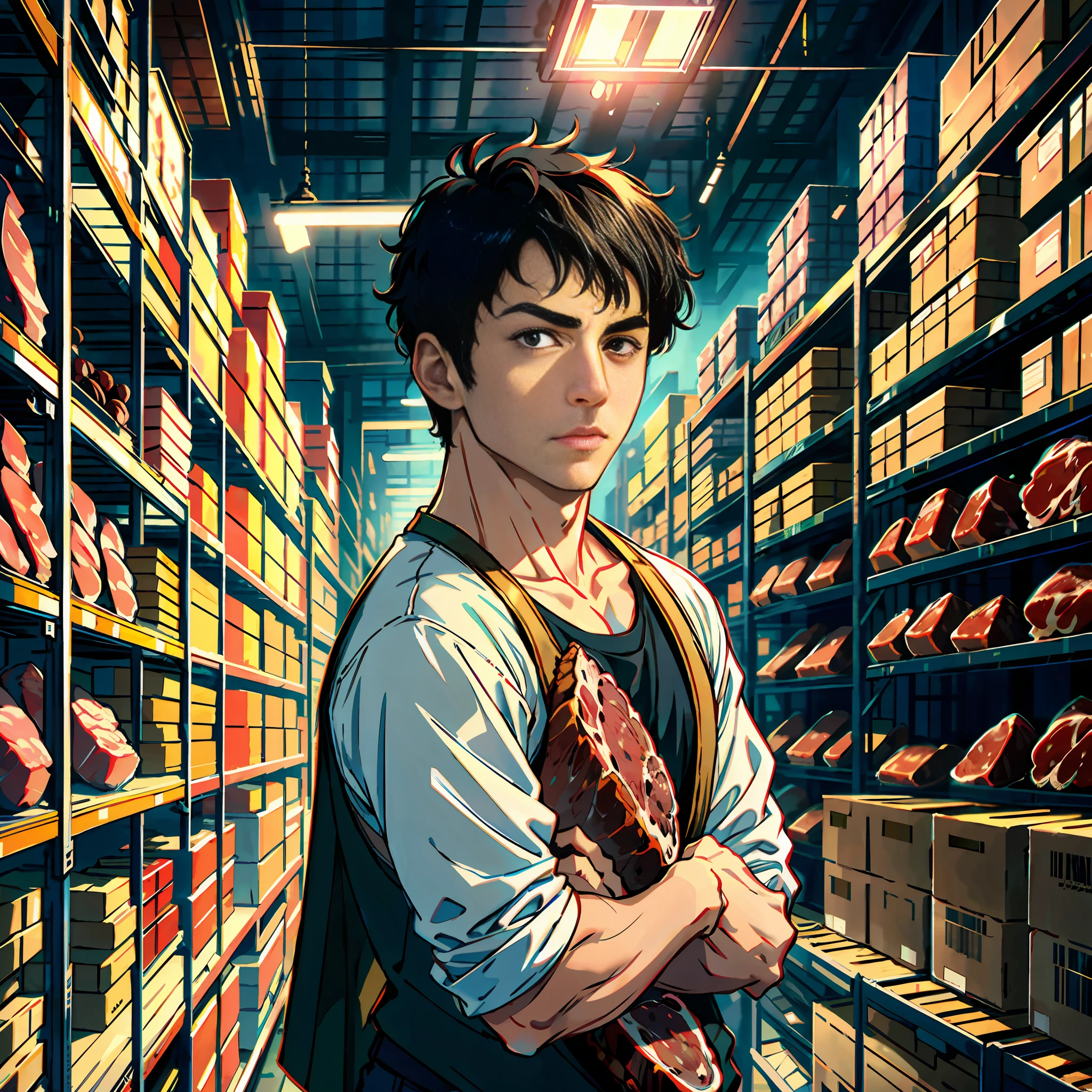 A handsome boy with short black hair, in a huge warehouse, piled with meat, highly real, UHD, chiaroscuro, super high detail