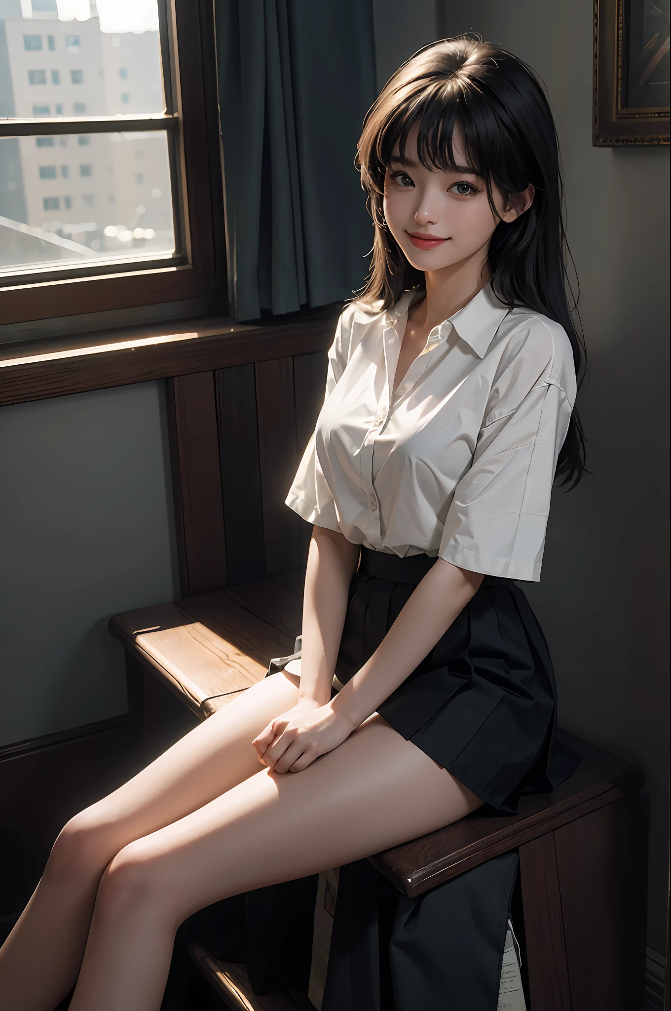(RAW photo, 4k, masterpiece, high resolution, extremely complex) (realistic: 1.4), cinematic lighting
1 beautiful girl, single focus, summer noon, 1990s\(style\), school uniform short skirt, oversized chest with a smile