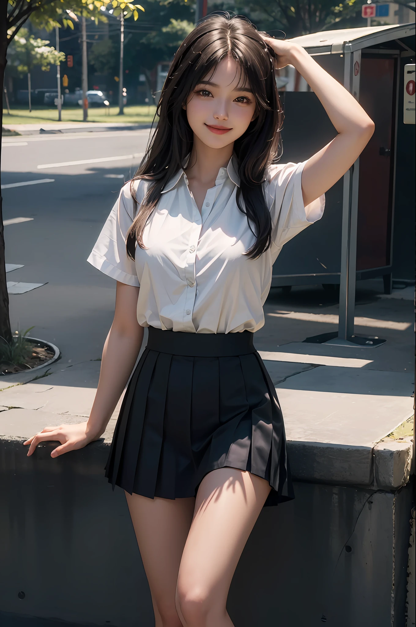 (RAW photo, 4k, masterpiece, high resolution, extremely complex) (realistic: 1.4), cinematic lighting
1 beautiful girl, single focus, summer noon, 1990s\(style\), school uniform short skirt, oversized chest with a smile