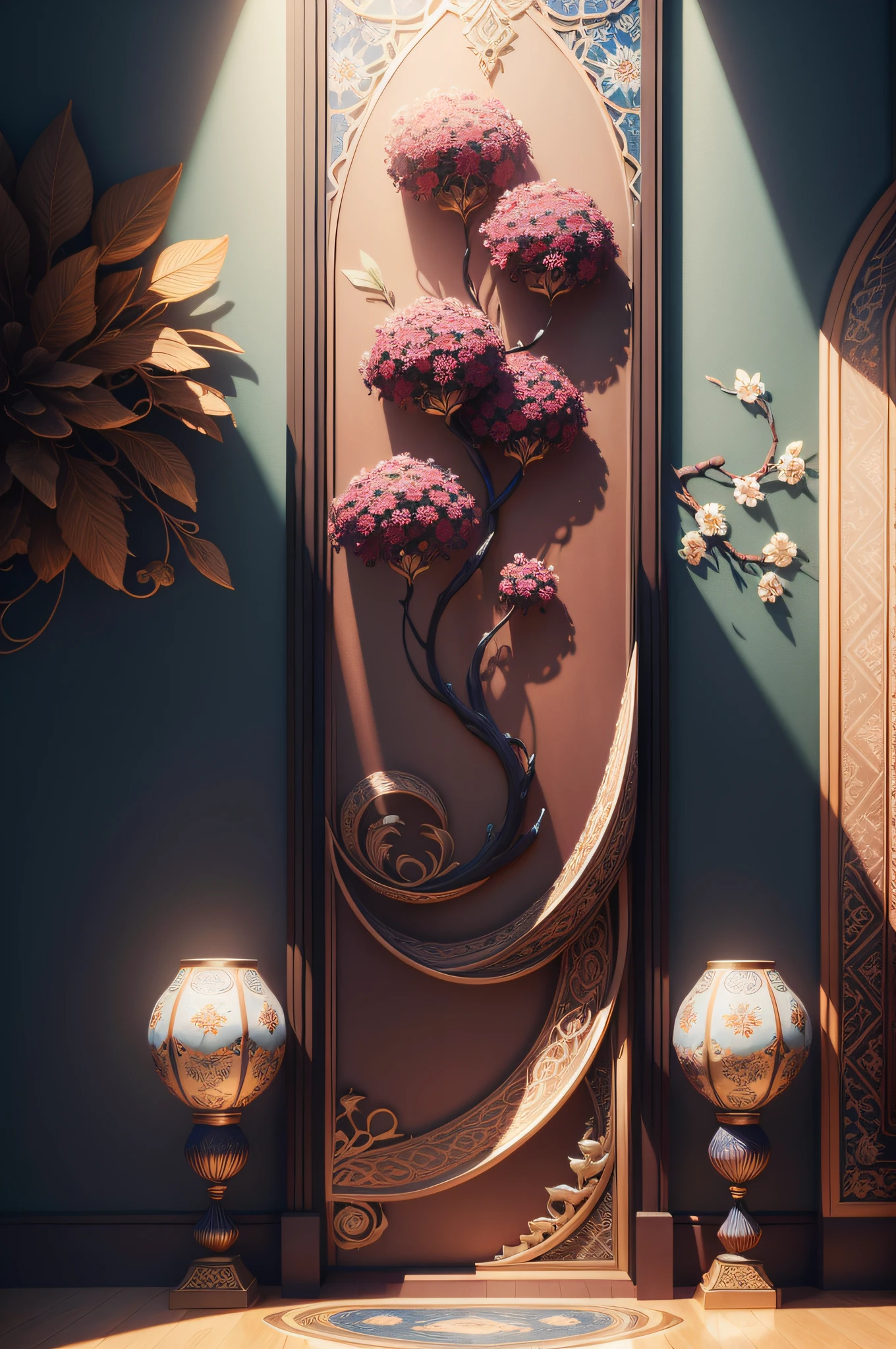 3D illustration, indoor floral and branch design, crisp filigree, deep colors, blues, golds, reds, Persian tile design, symmetric, (best quality), master piece, high res, highly detailed, expansive, dynamic, generative, soft studio lighting, octane render, 8k, Persian art style, intricate, ornamental
