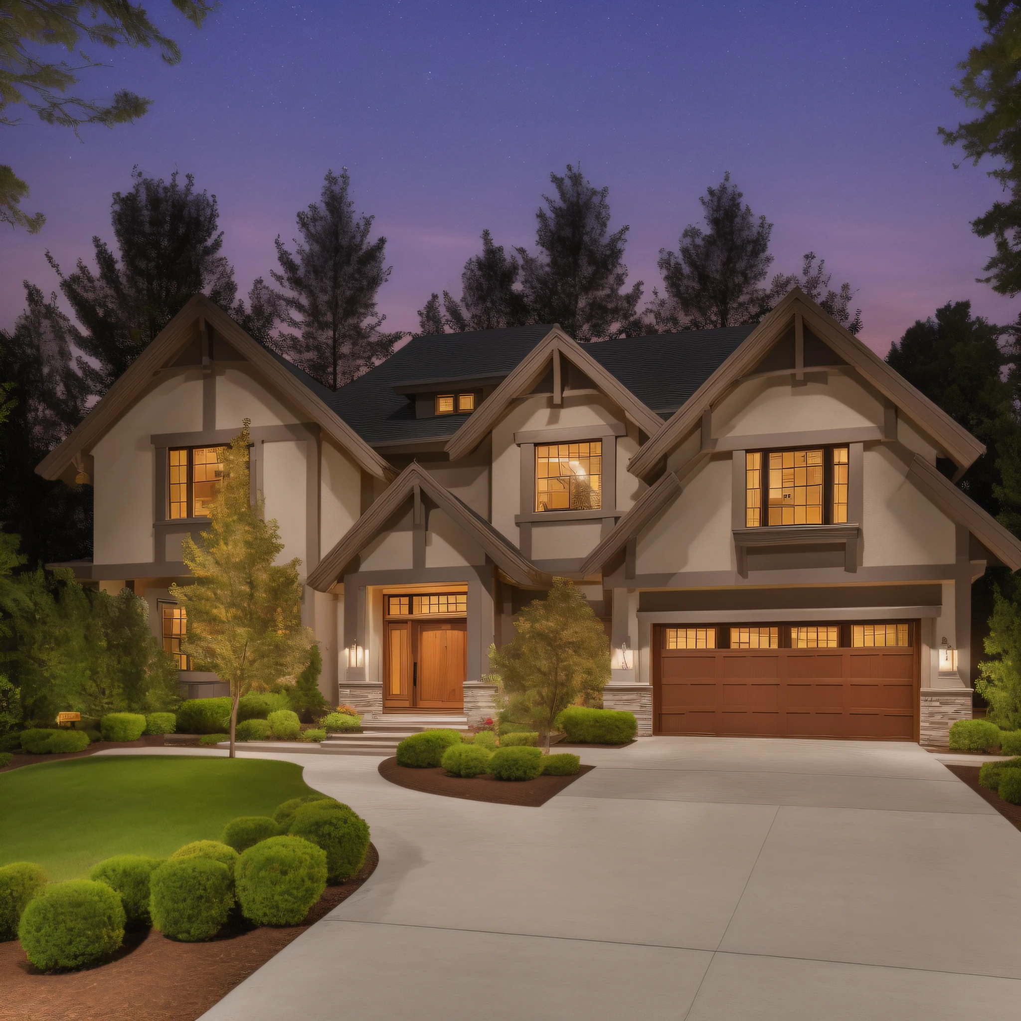 There is a house with garage and a tree, exterior photography, at night, suburban home, elaborate masterpiece, real estate photography, red exterior lighting, timeless masterpiece, original clean design, craftsman house, stunning masterpiece, front view dramatic, clean and original design, wide angle full shot, award-winning masterpiece, beautiful photo, John Bell