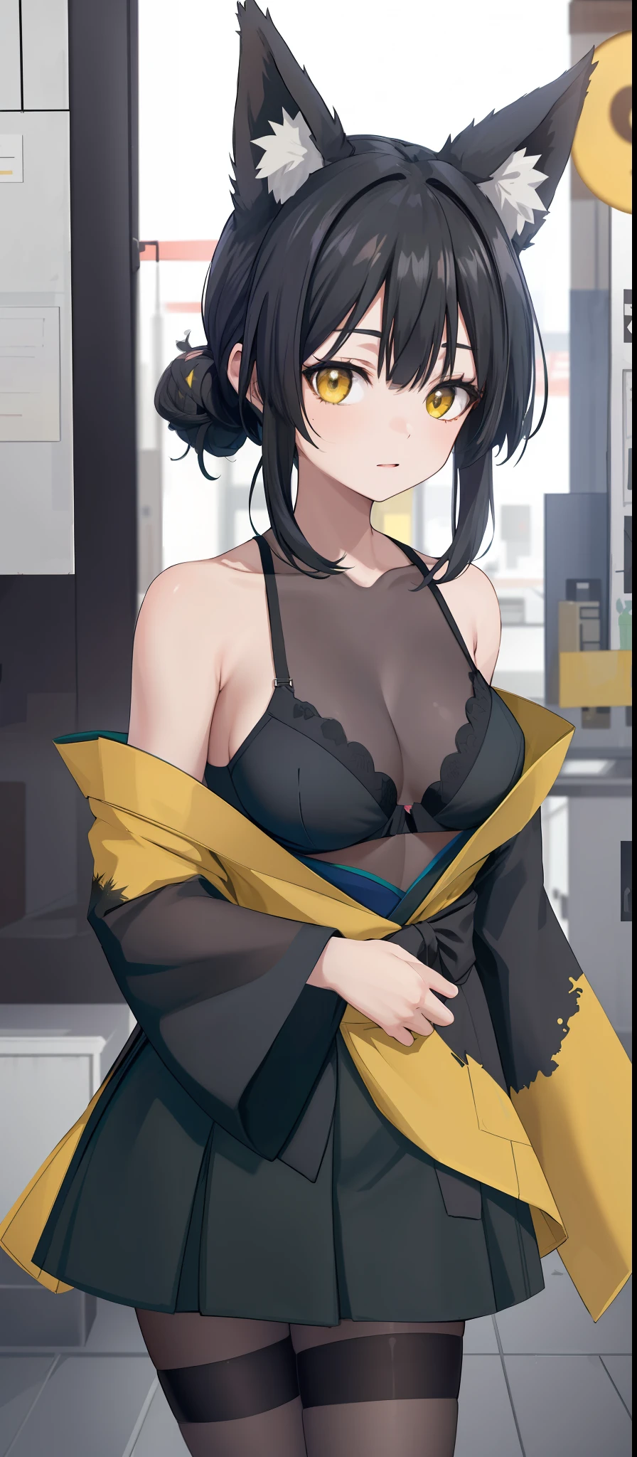 absurd res, high res, (masterpiece:1.4), ultra-detailed, girls, from front, space, floating, dark black kimono, dark green + black dress, black bra, light black hair, yellow eyes, hands out of frame, furry ears, slightly open kimono, fox ears, medium breasts, boobs, yellow eyes, kimono falling from shoulders, bare shoulders, bare legs