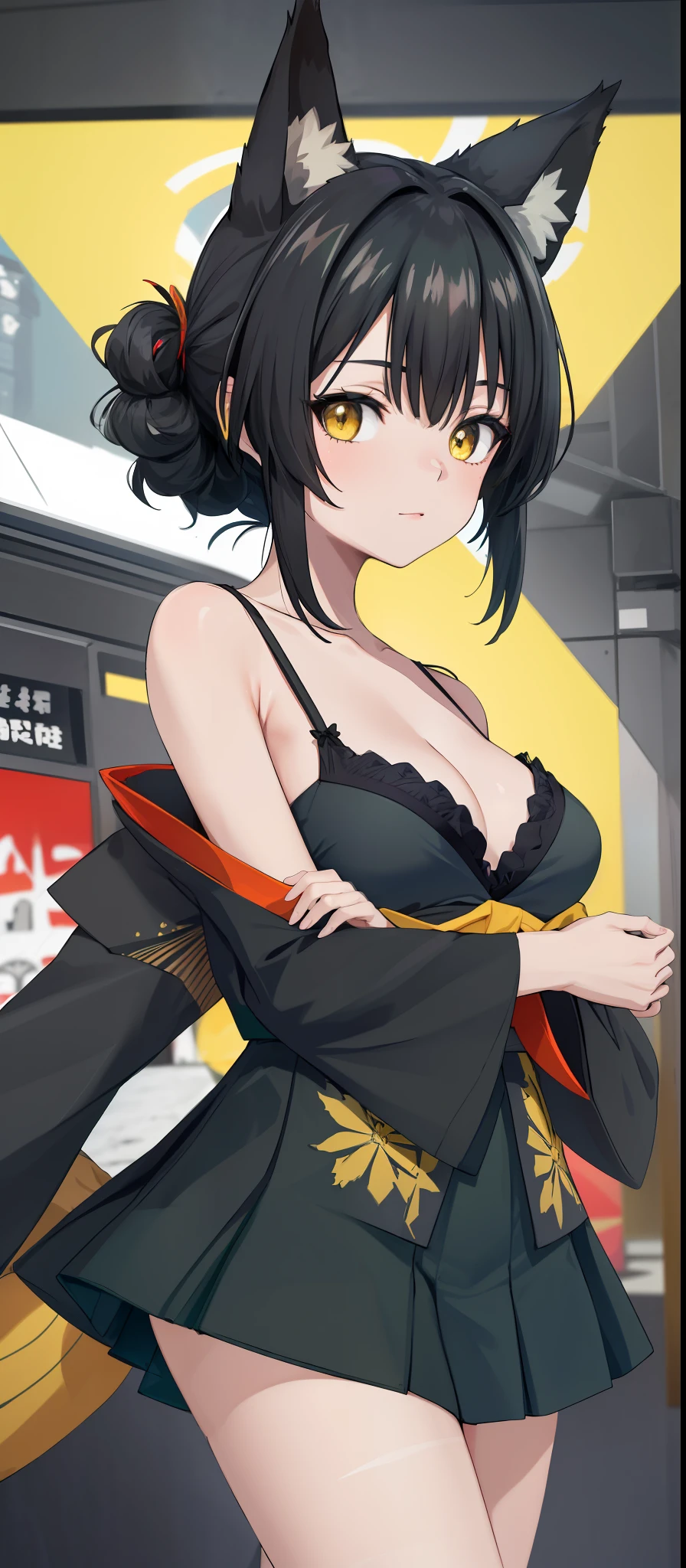absurd res, high res, (masterpiece:1.4), ultra-detailed, girls, from front, space, floating, dark black kimono, dark green + black dress, black bra, light black hair, yellow eyes, hands out of frame, furry ears, slightly open kimono, fox ears, medium breasts, boobs, yellow eyes, kimono falling from shoulders, bare shoulders, bare legs