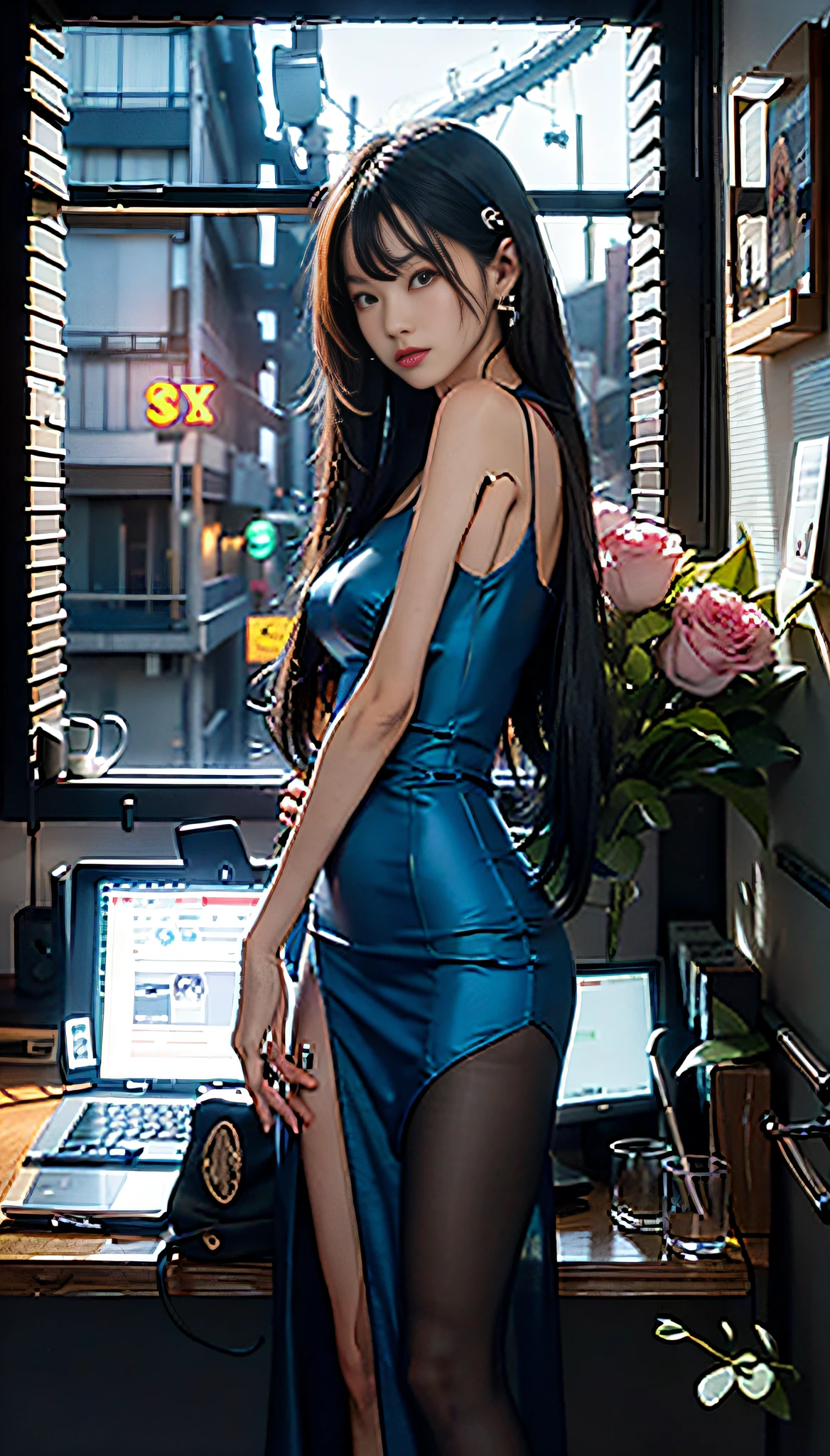 (Digital Art, Ultra HD, Ultra Detail Painting), (High Contrast), (Ordinary Apartment Standing Asian Beauty) Neon lights shining on the body, (Large rings and long straight black hair) to create a sharp contrast, (Night window) Add mystery, (Blue extra-long sexy transparent dress) Highlight the curves of the figure, (Laptop and coffee cup and vase) Create an intimate and free atmosphere, (4K quality) Show every detail.