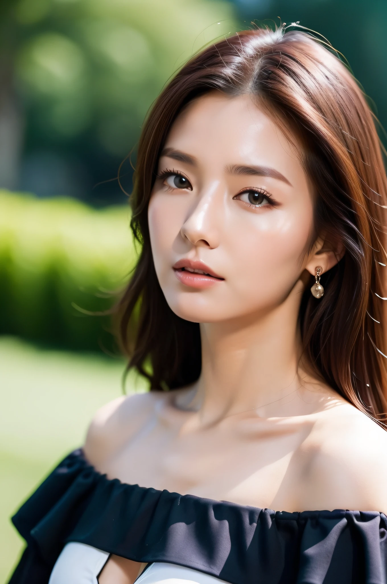 ((Top Quality, 8K, Masterpiece: 1.3)), Sharp Focus: 1.2, (super Beautiful face: 1.5), (Beautiful woman with slender abs: 1.0), (Shiny Skin: 1.0), Realistic Photo, Black Hair, Realistic Pupil, Movie Lighting, Highly Detailed Eyes and Face, Movie Lighting, medium Cleavage, (cowboy shot: 1.0) , off-shoulder blouse