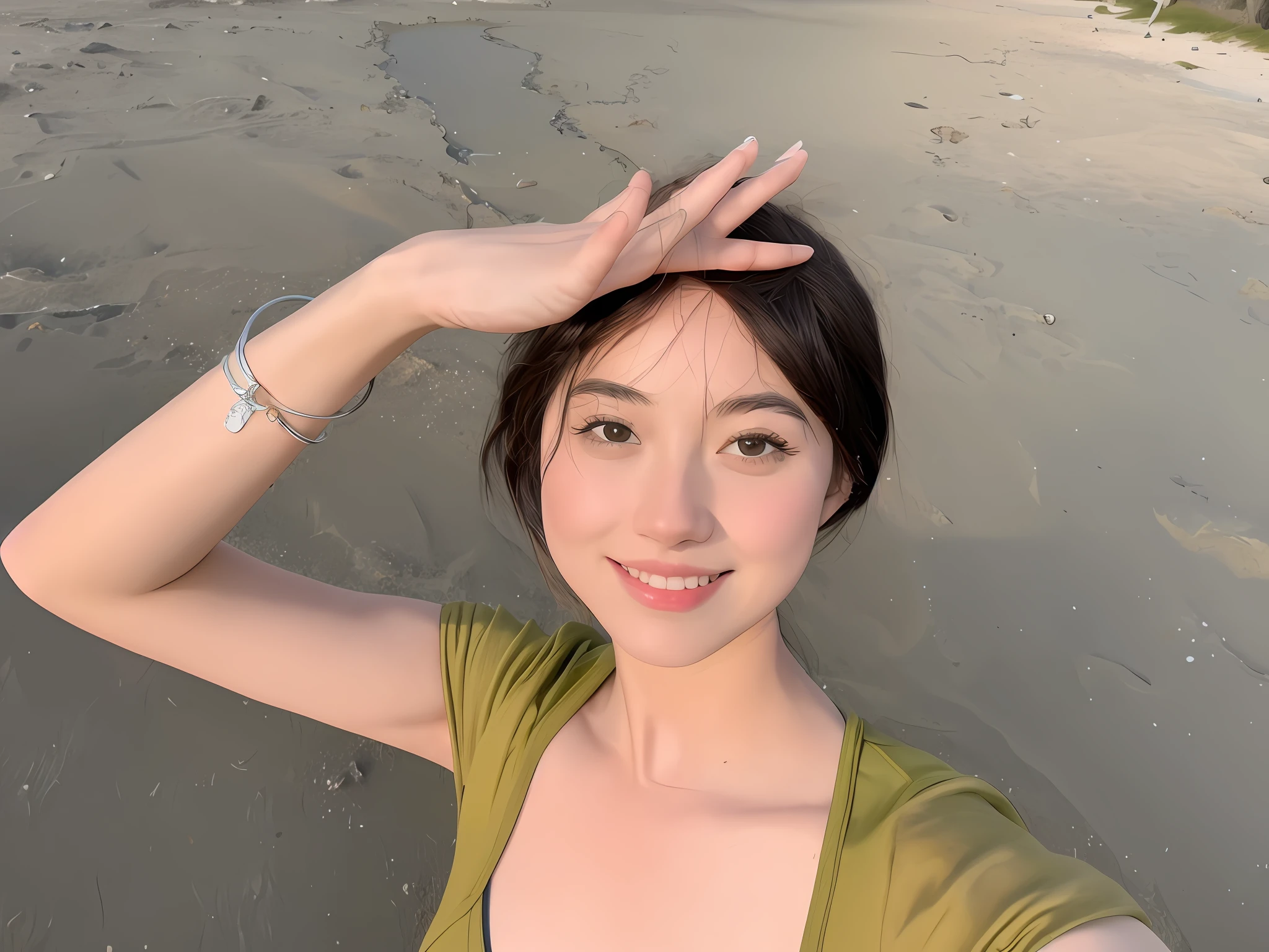 A woman in a swimsuit by the sea